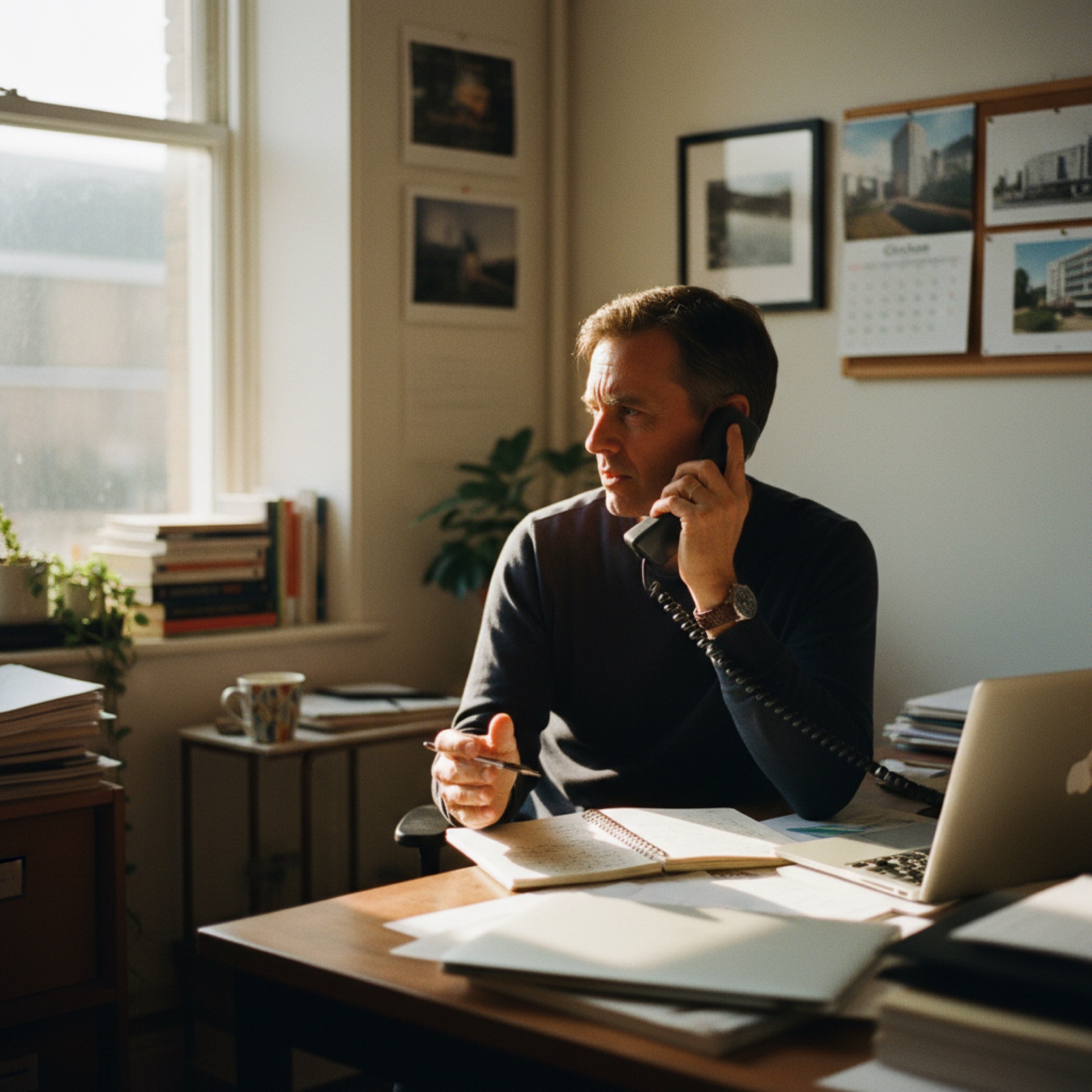 A founder at a desk on a phone call with a notepad and laptop in front of him, daylight through a window