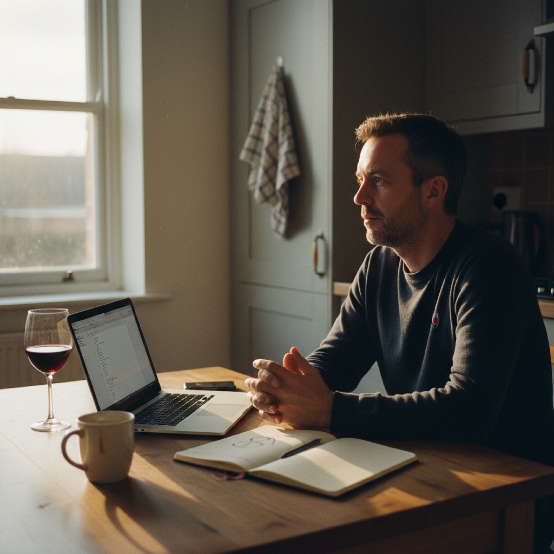 A founder sitting at a kitchen table on a Friday evening with a laptop, a notepad and a glass of wine, looking past the screen in a moment of realisation.