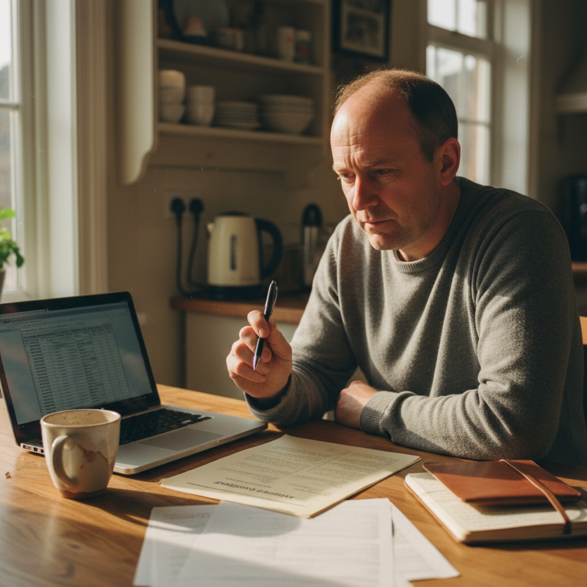 A person at a kitchen table reading a printed questionnaire next to an open laptop and a coffee cup