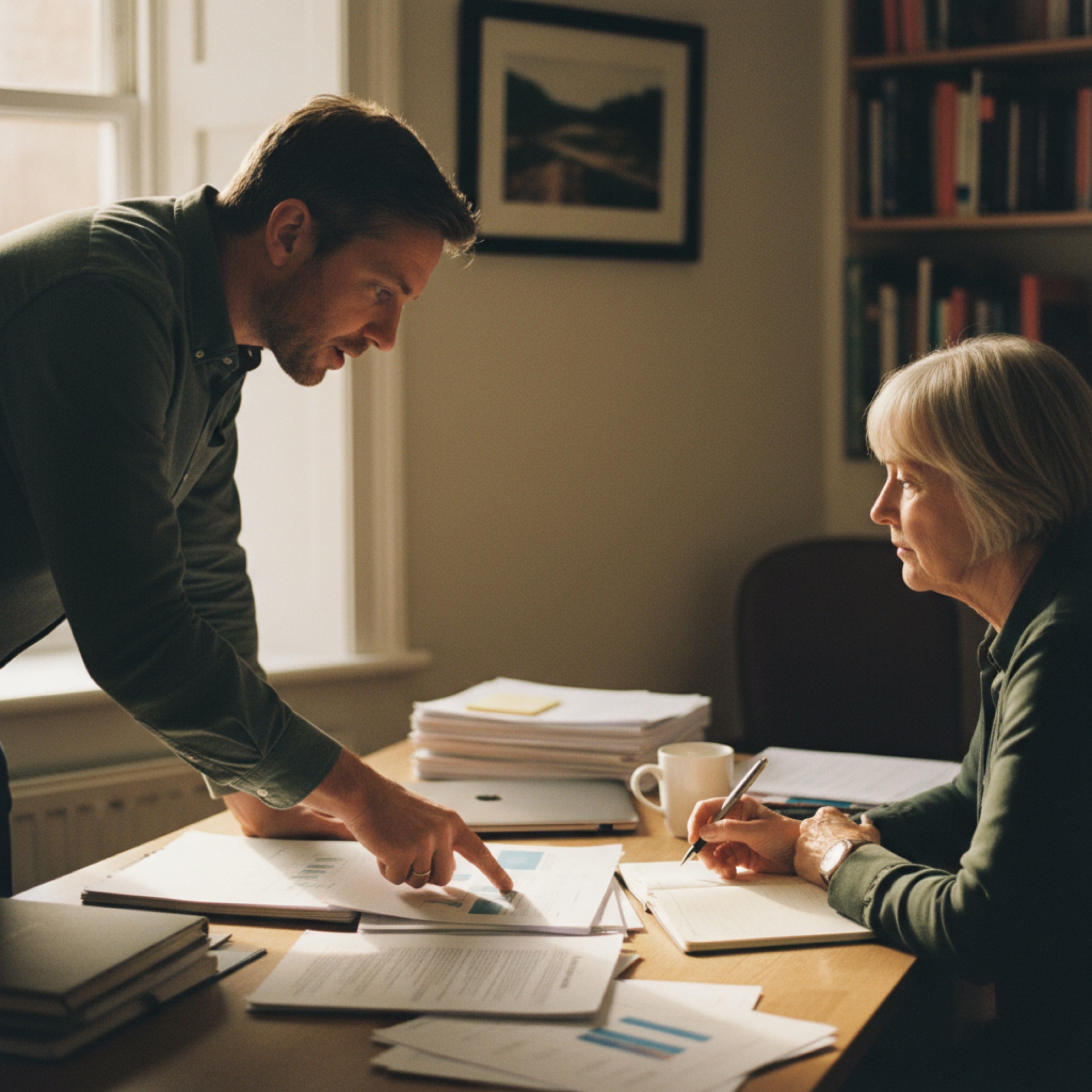 Two people in conversation across a desk, one pointing at a printed report, the other listening