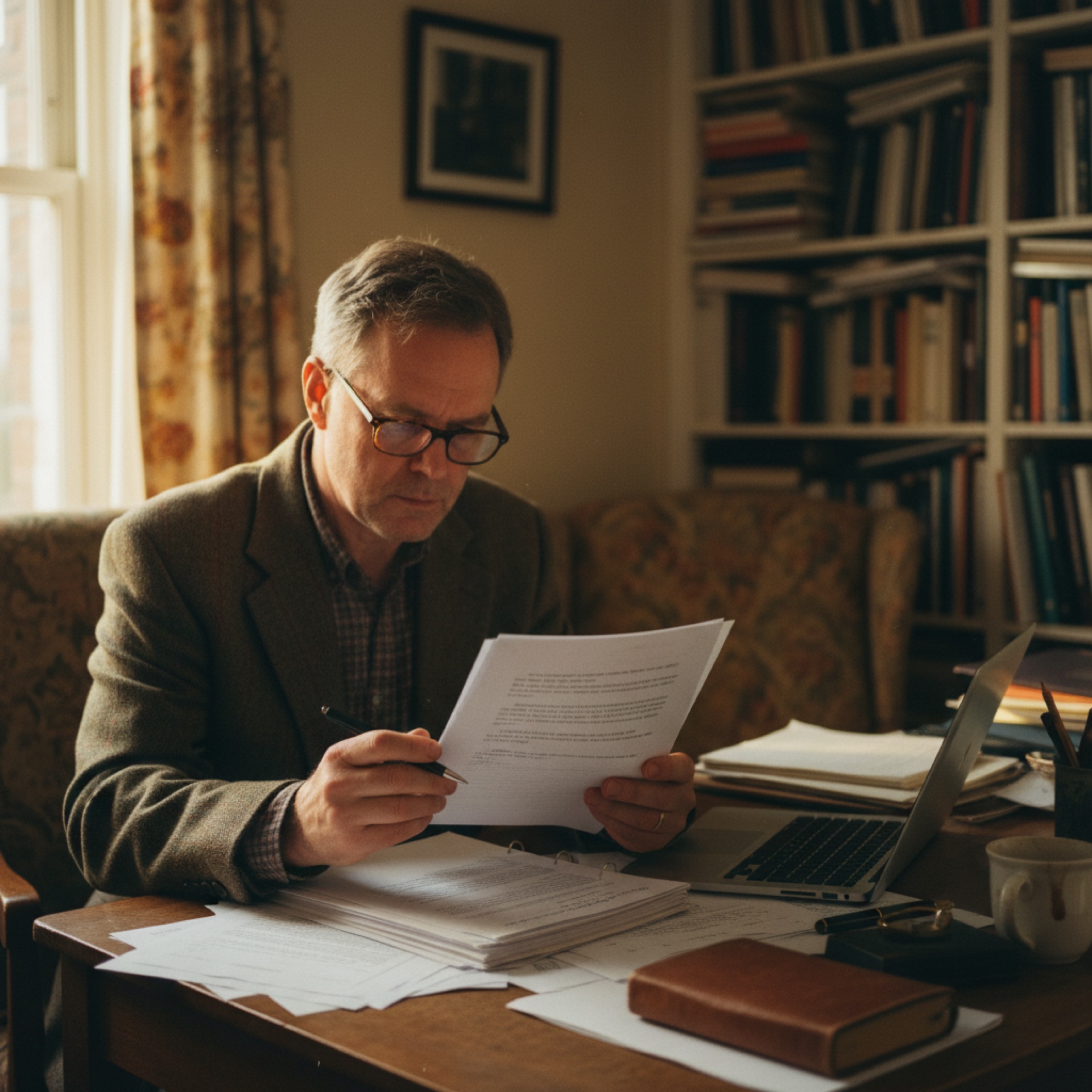 A person at a desk reading printed pages next to an open laptop, pen in hand