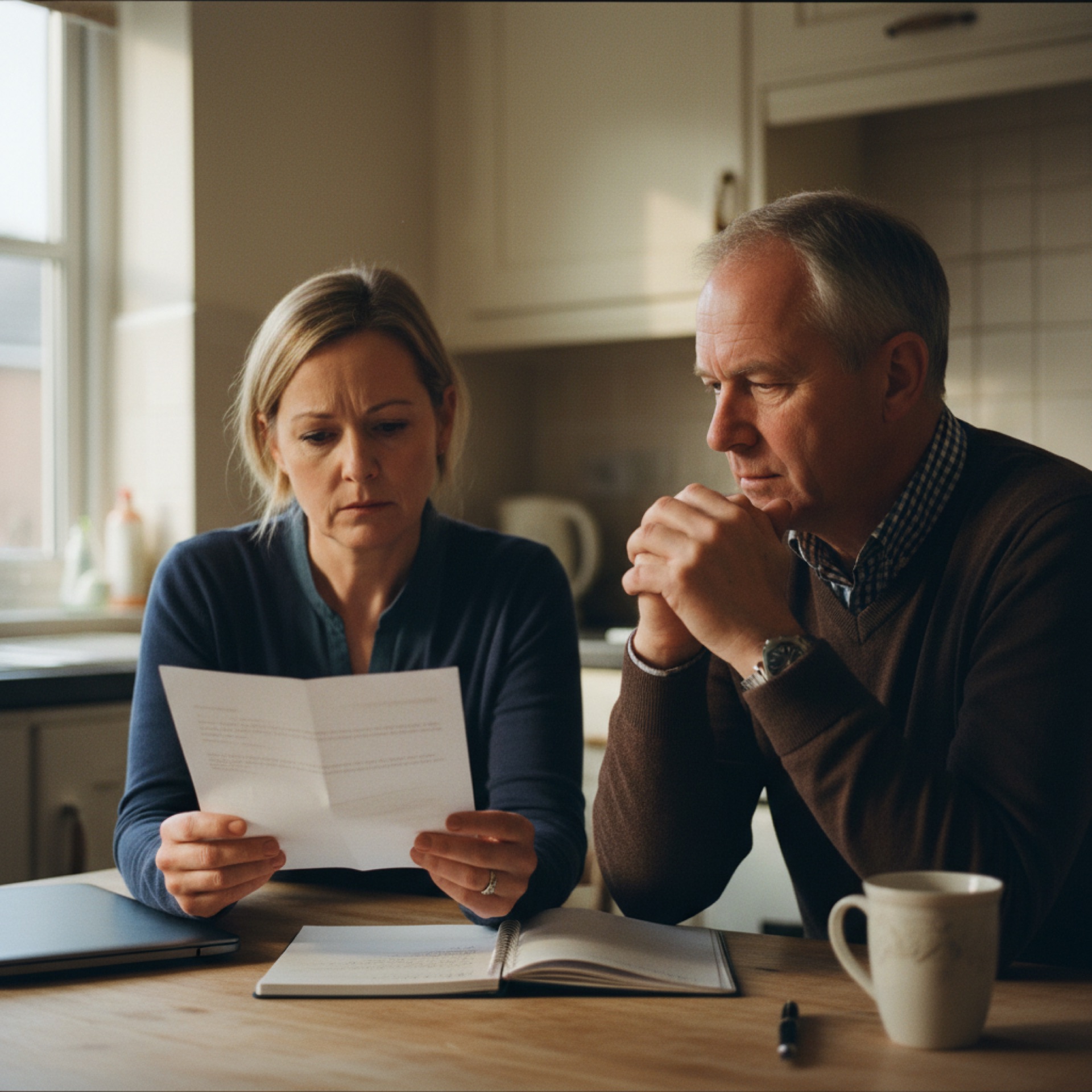 Two people across a kitchen table reading a printed letter together, one explaining, the other listening