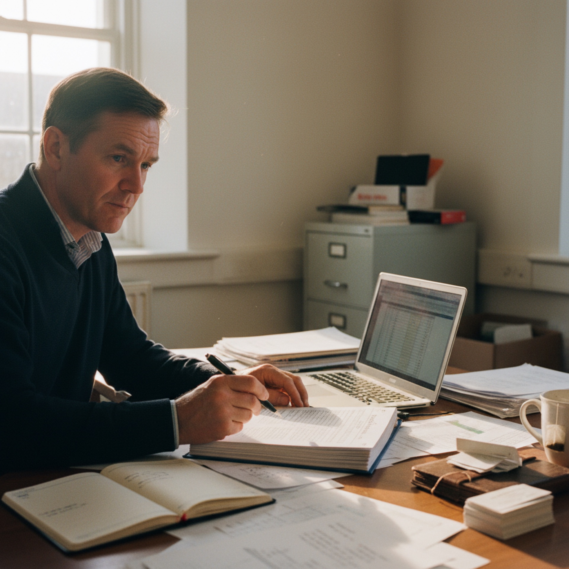 A person at a desk reading a printed document with a pen in hand, a laptop open beside them
