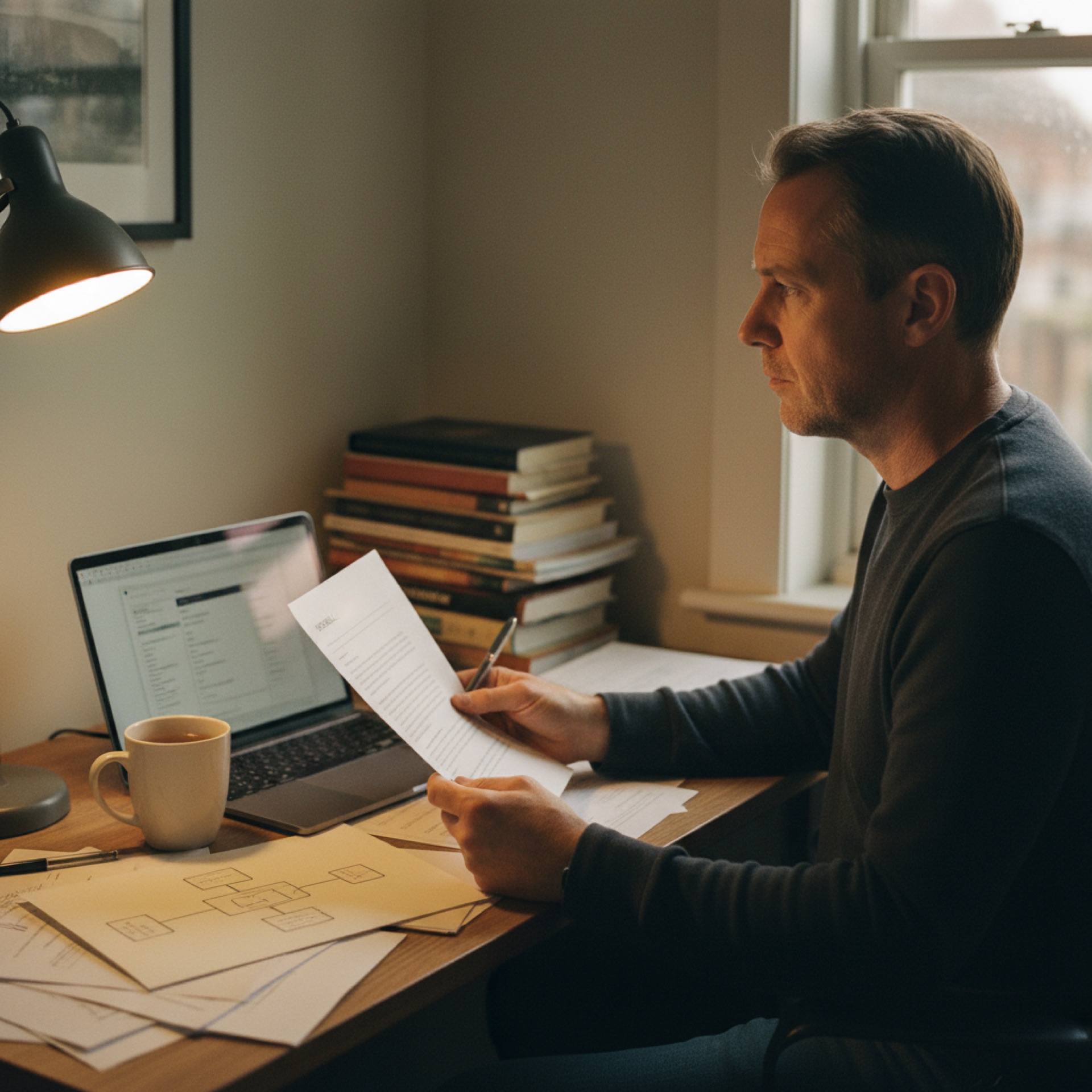 A founder in his mid-forties at a desk in late afternoon, holding a printed contract, looking out the window thoughtfully, laptop open beside him, mug of cold tea on the desk