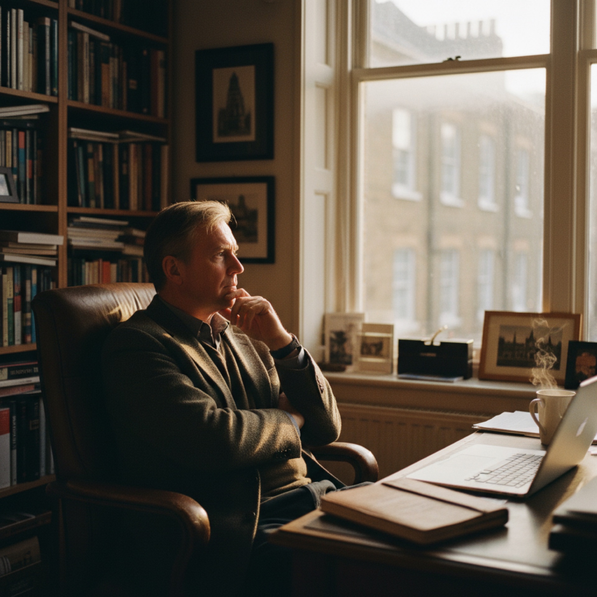A founder in his fifties leaning back from his desk, arms folded, looking out of an office window thoughtfully, a closed laptop beside him
