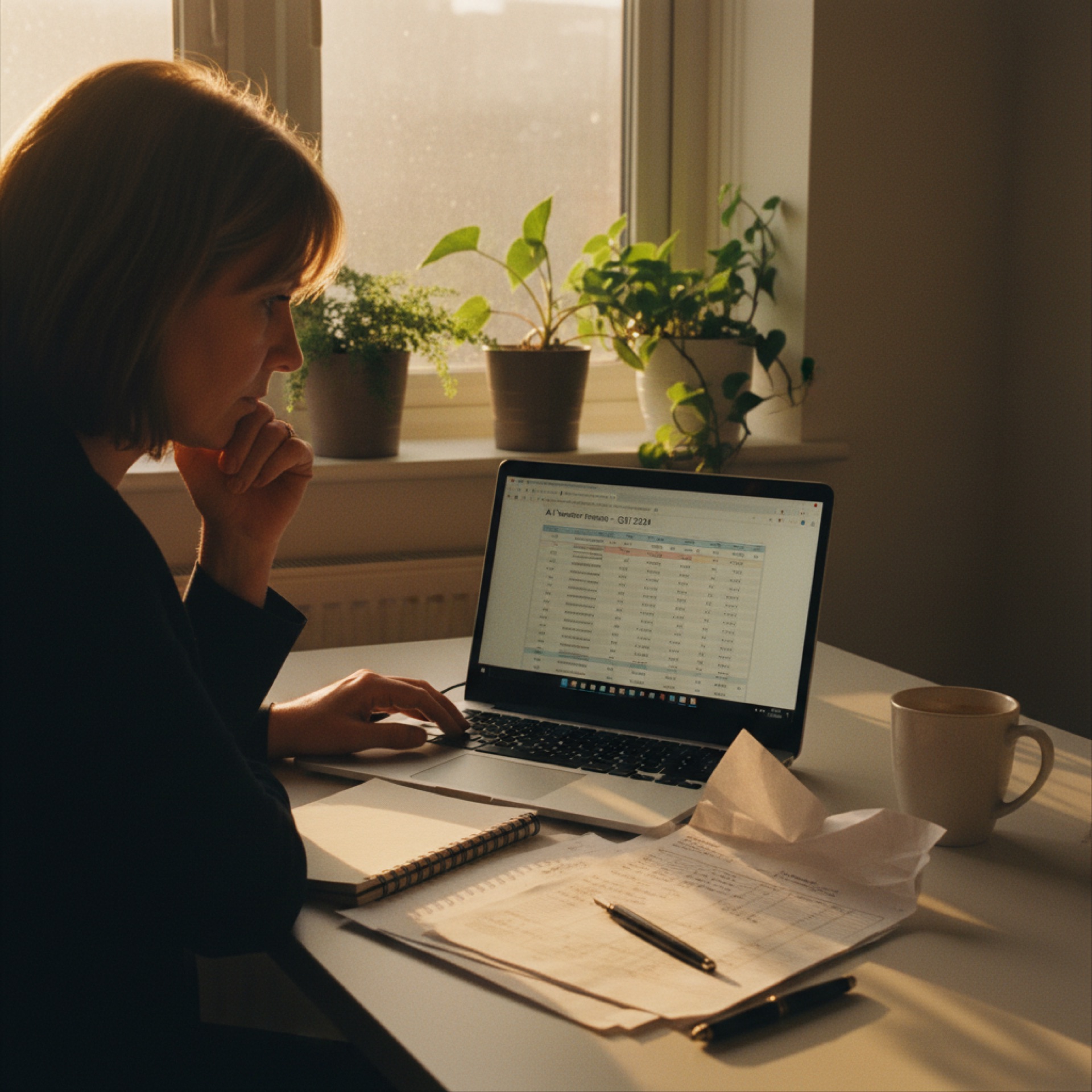 A person at a desk reviewing an invoice on a laptop screen with a printed spreadsheet beside it