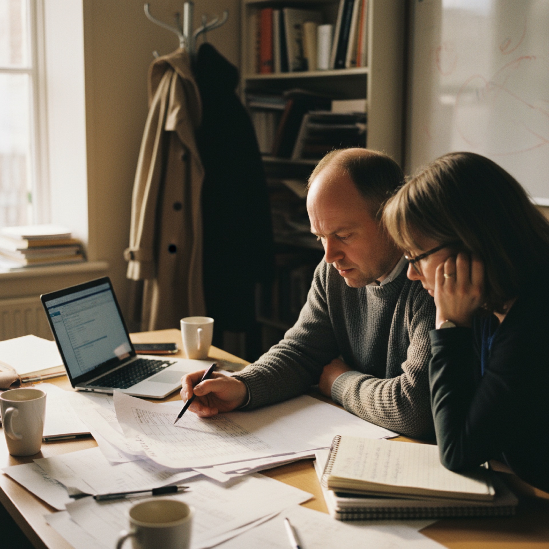 Two people at an office desk reviewing printed pages and a laptop together