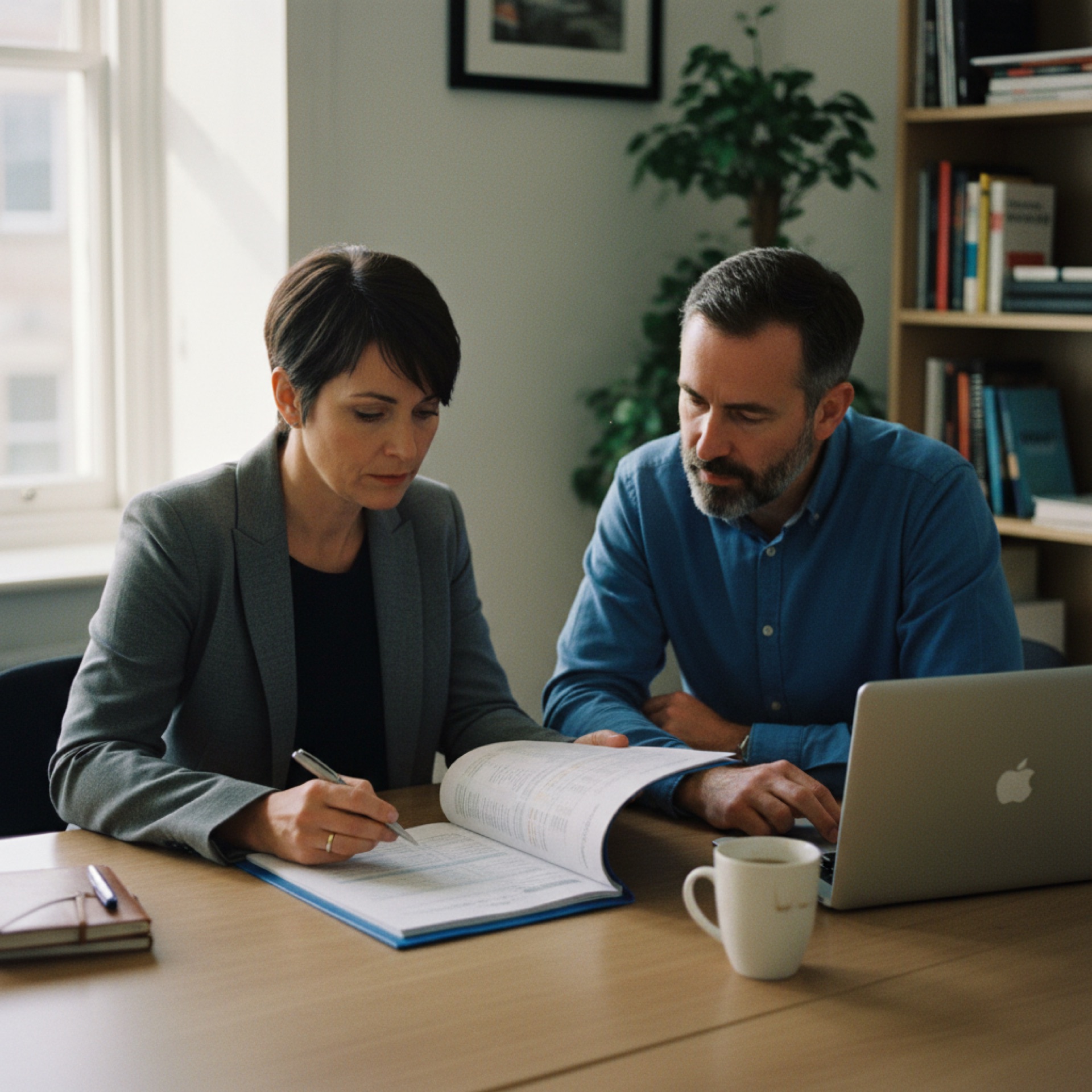 Two people at a meeting room table reviewing a printed proposal alongside a laptop showing a spreadsheet
