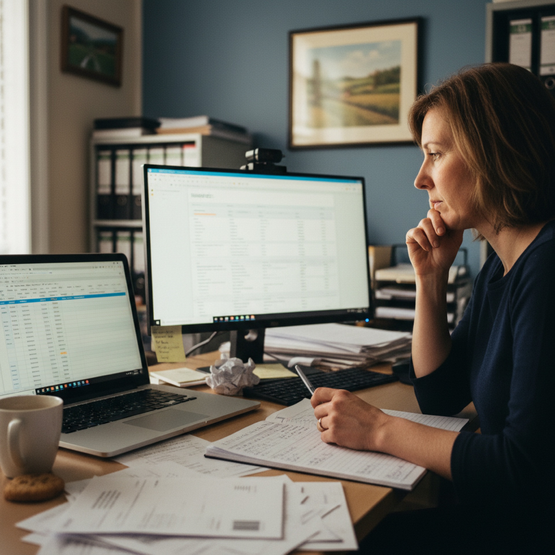 A person at a desk reviewing a paper invoice next to a laptop showing extracted line items in a small office