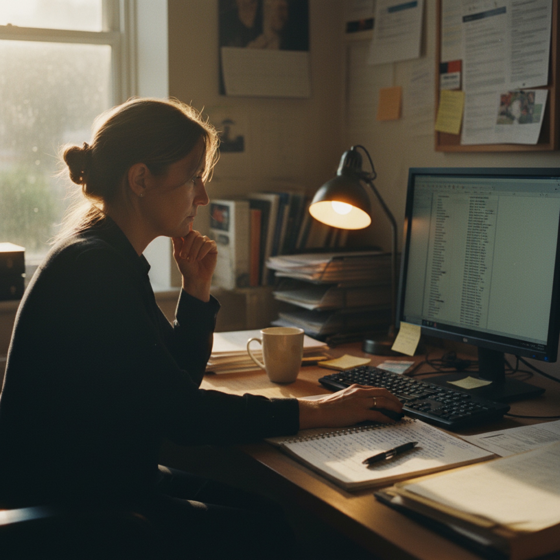 A person at a desk reviewing a long chat transcript on a laptop screen, notebook beside them in a small office