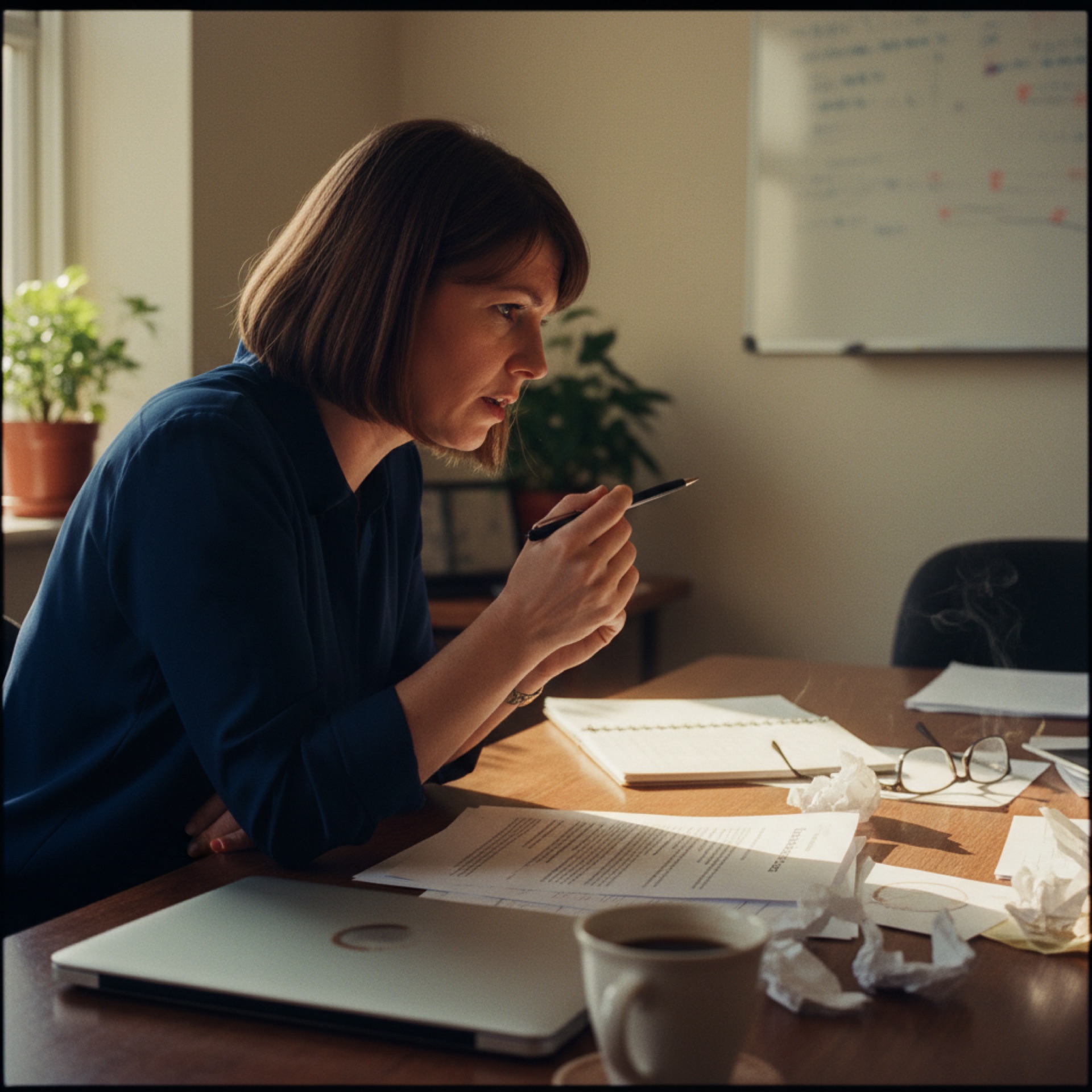 A person seated at a meeting-room table reviewing a printed proposal with a pen in hand and a laptop closed beside them