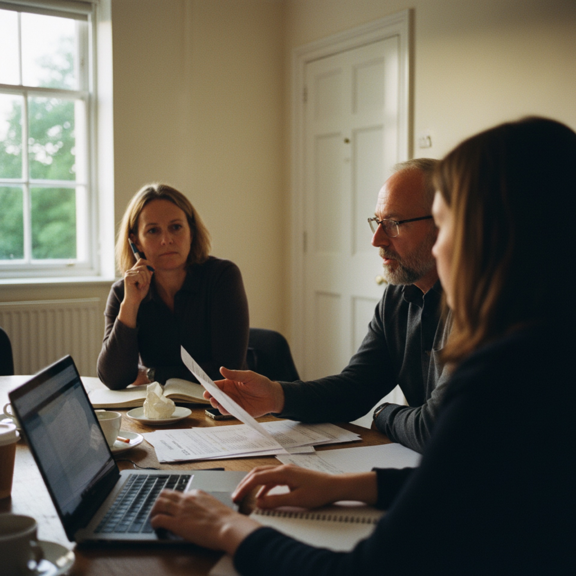 Three people in a meeting room reviewing a printed vendor quote and a laptop together