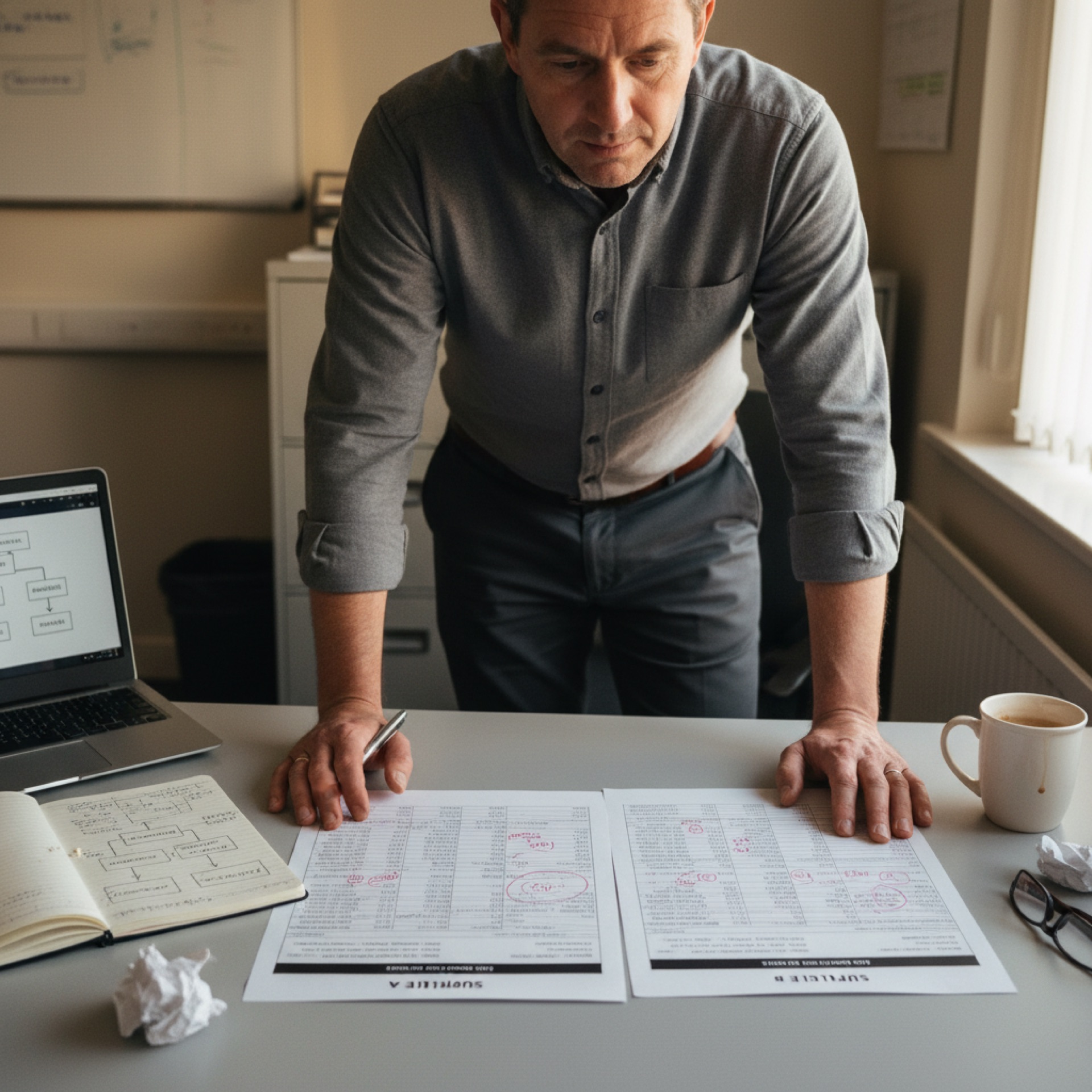 A person at a desk reviewing two pricing pages on a laptop with a notebook and pen beside them