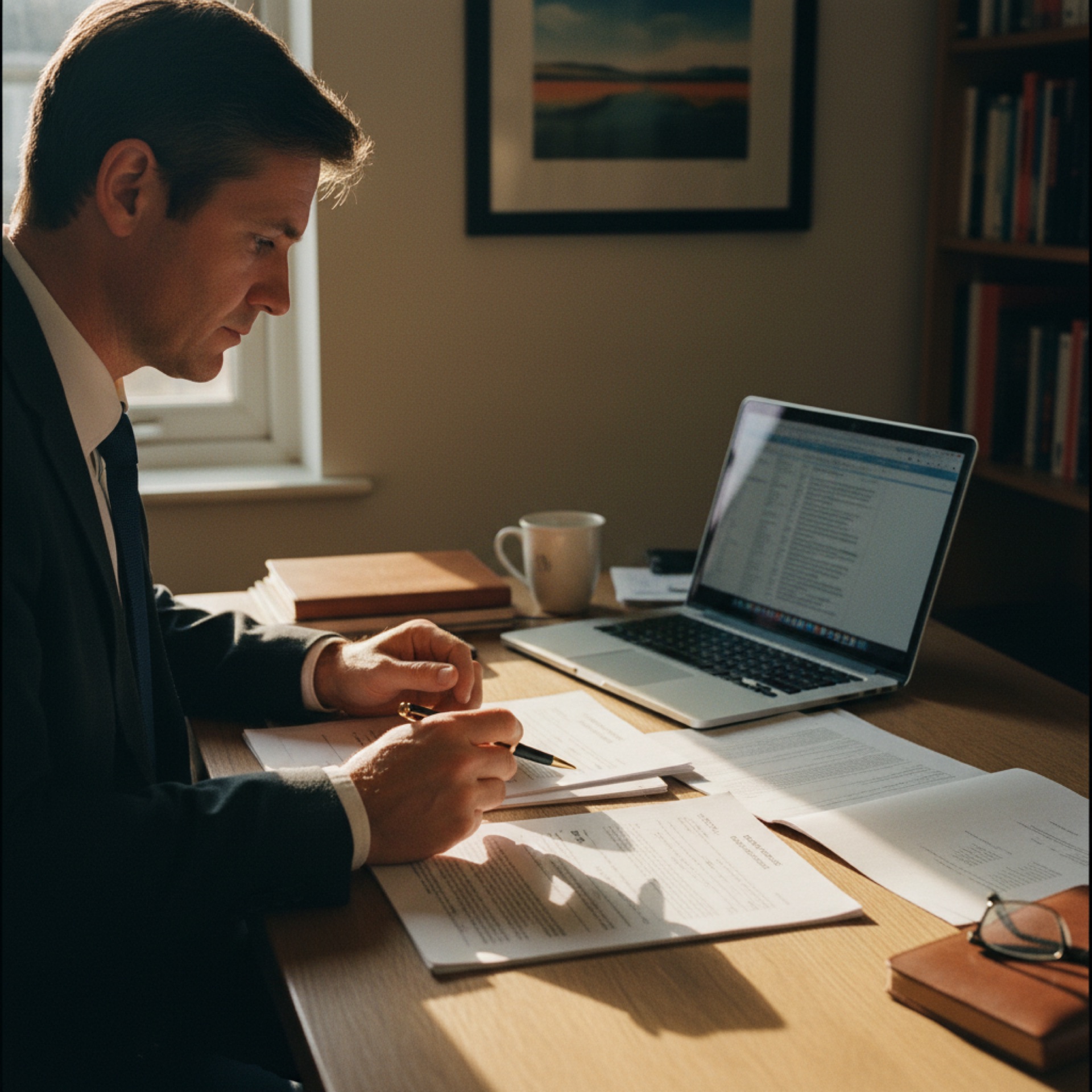 A person at a desk comparing printed vendor proposals next to an open laptop