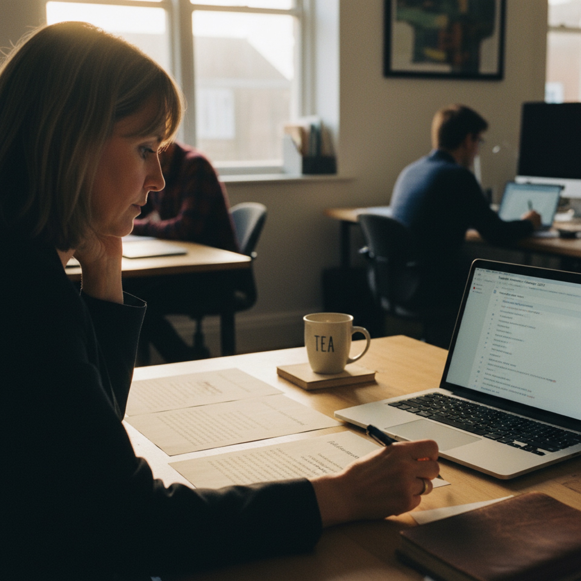 A managing director at her desk comparing three printed vendor quotes next to a laptop showing an inbox of supplier invoices