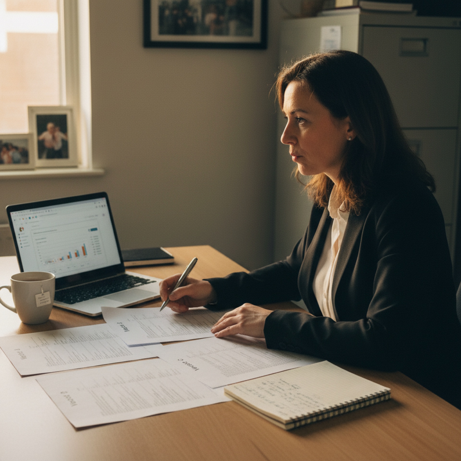 A woman at a desk reviewing printed vendor proposals next to an open laptop showing a CRM dashboard