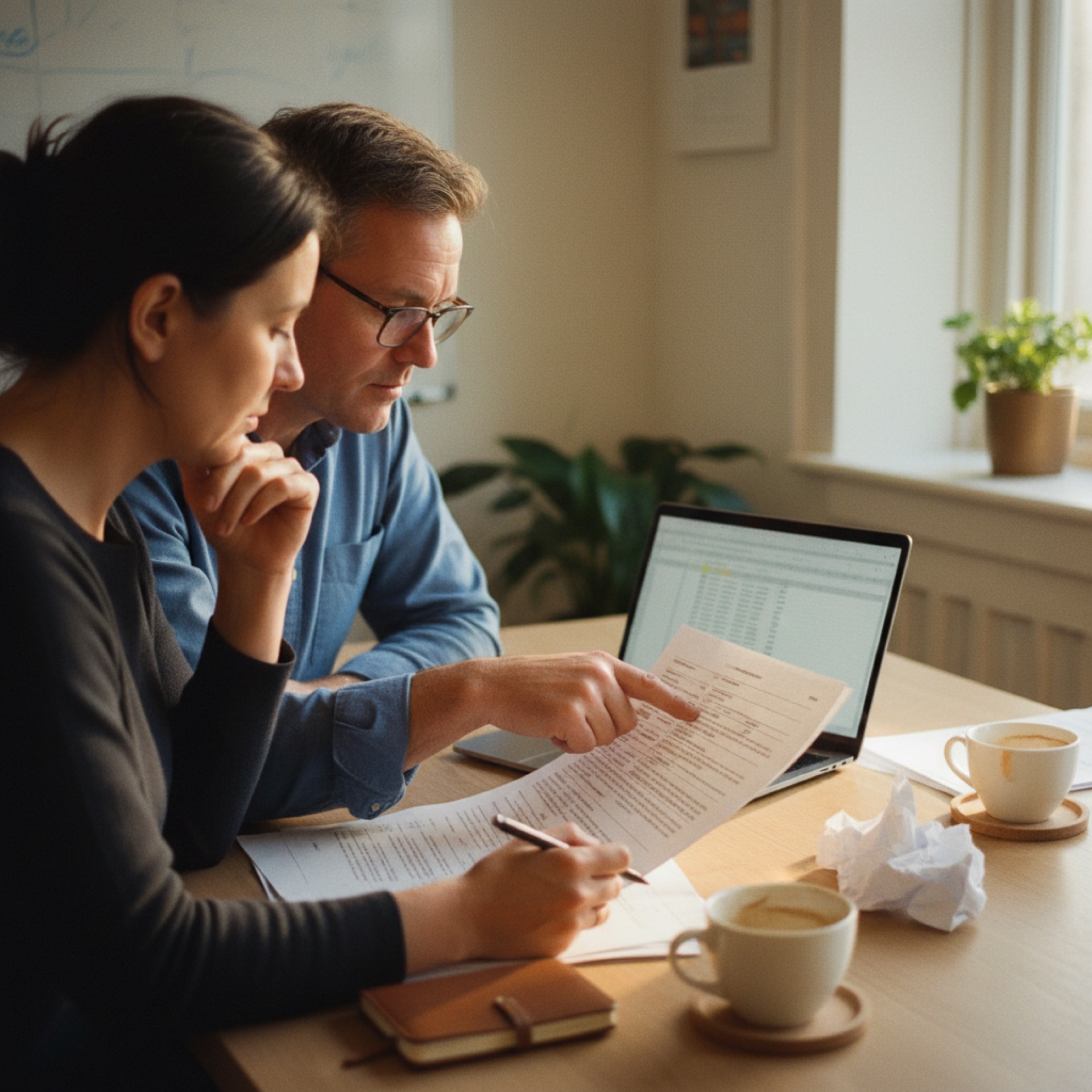 Two people at a small office meeting room table reading a printed procurement questionnaire, one holding a pen, the other pointing at a clause on the page