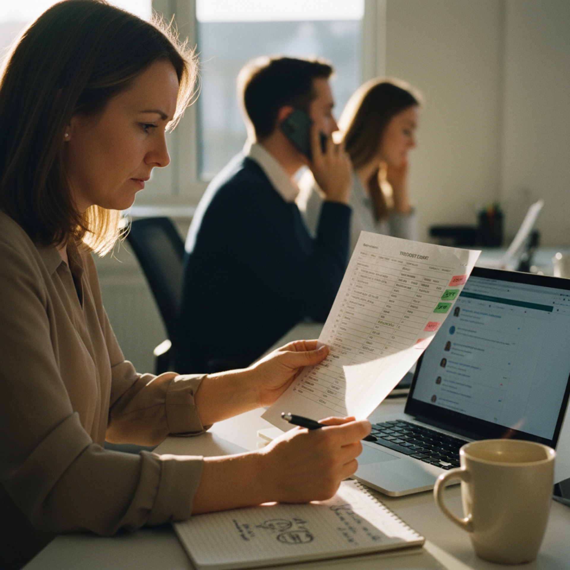 A support manager at her desk holding a printed ticket export with handwritten intent tags, a chat dashboard open on the laptop beside her