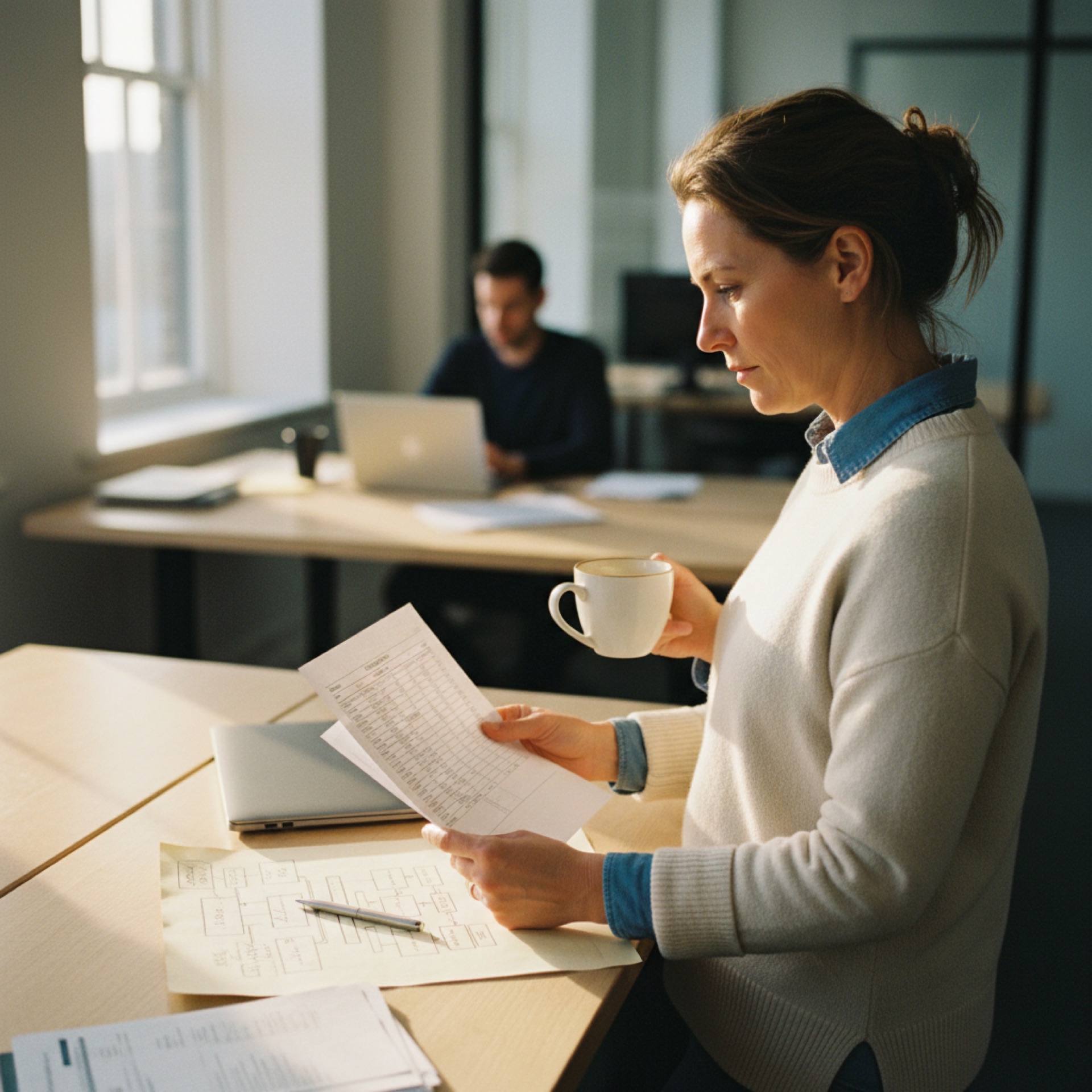 An operations director at her desk in a professional services firm reviewing a printed budget paper, coffee in hand, a colleague visible in soft focus at a nearby desk