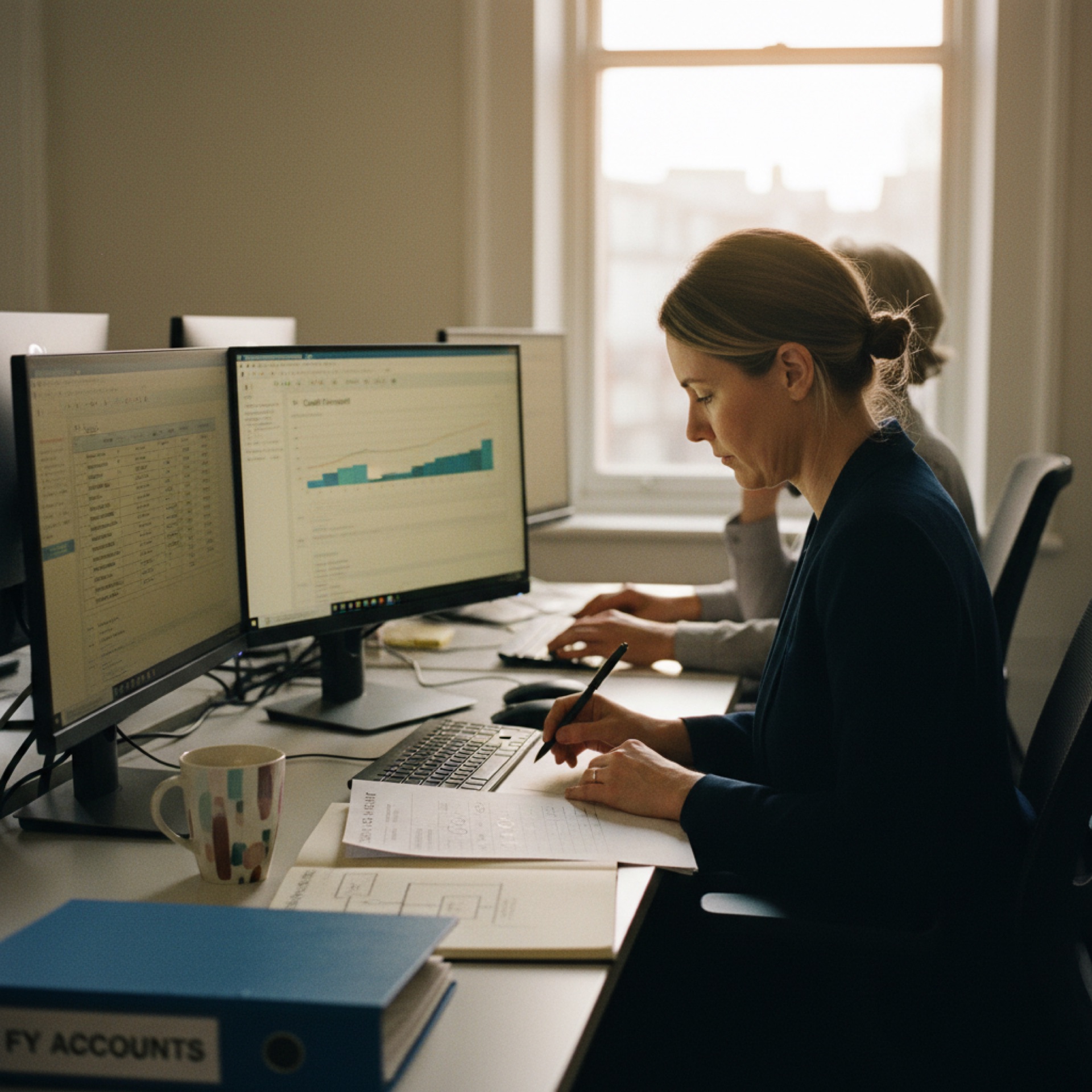 A finance director at a workstation with two monitors, reviewing an invoice queue and a cashflow forecast alongside a printed shortlist of platform vendors