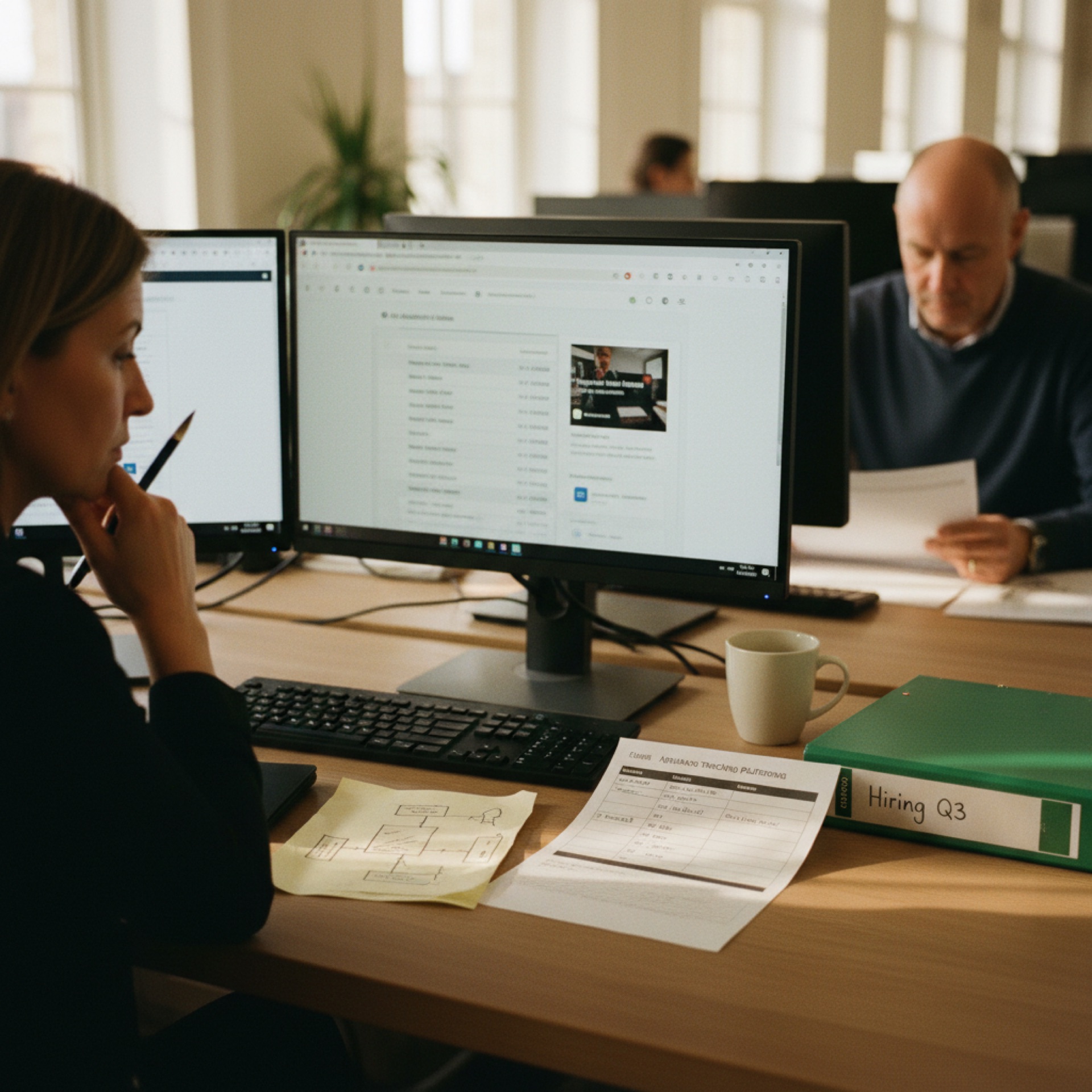 An HR director at a desk with two monitors, reviewing an applicant tracking shortlist alongside a printed comparison of platform vendors with bias-audit notes