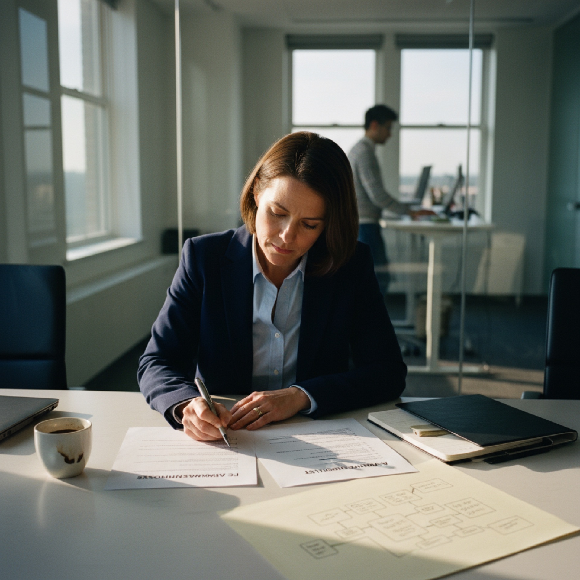 A managing director at a meeting-room table annotating two printouts labelled FCA examination response and AI vendor shortlist with a fountain pen