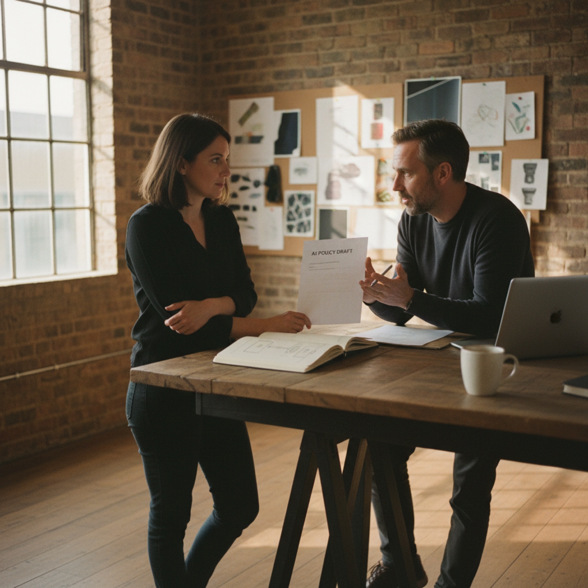 An agency founder at her standing desk in conversation with her chief creative officer, who is leaning on the desk holding a printed policy draft, mood boards visible behind them