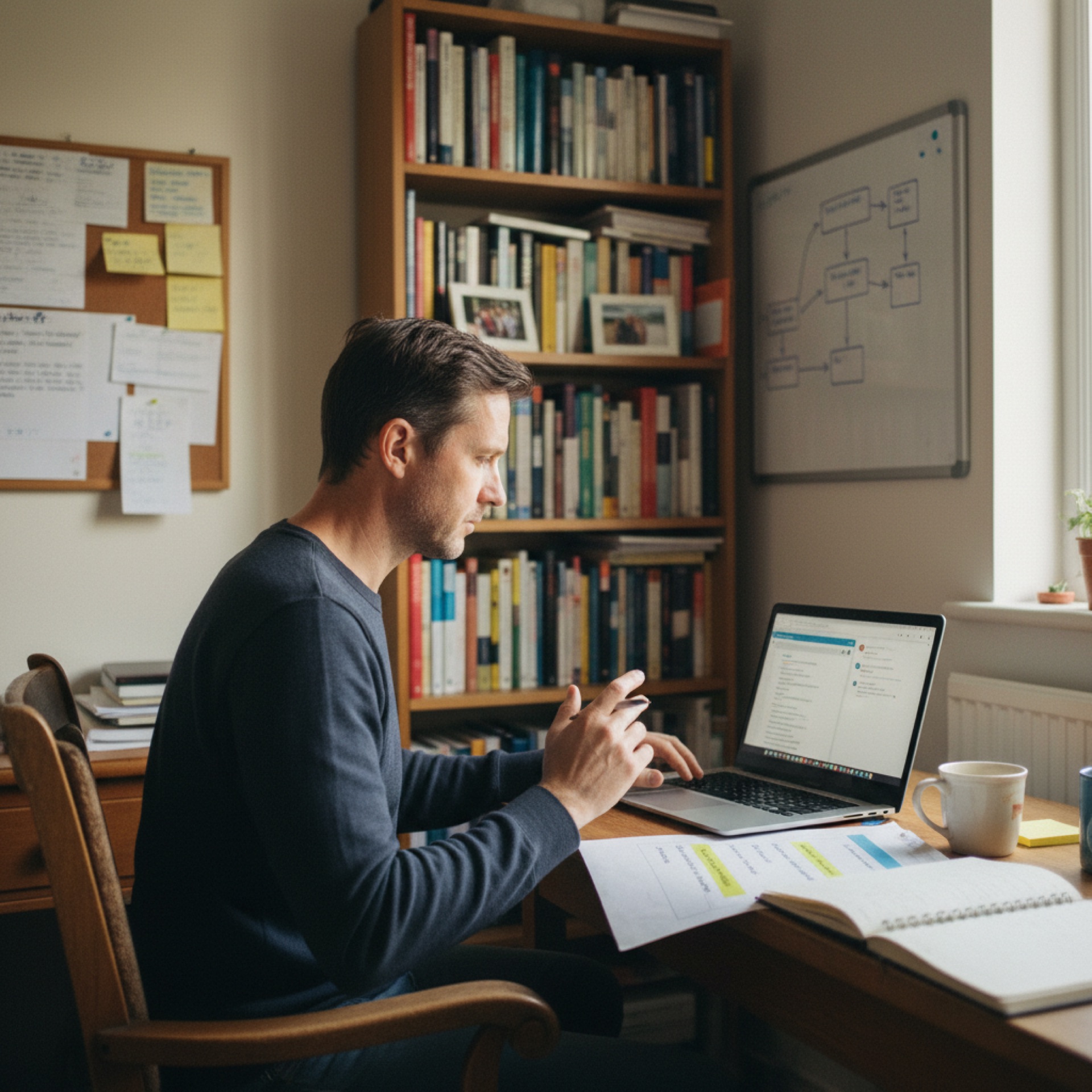 A founder at a home study desk with a laptop, a printed weekly plan, and a coffee, reading what he has typed into a notes app