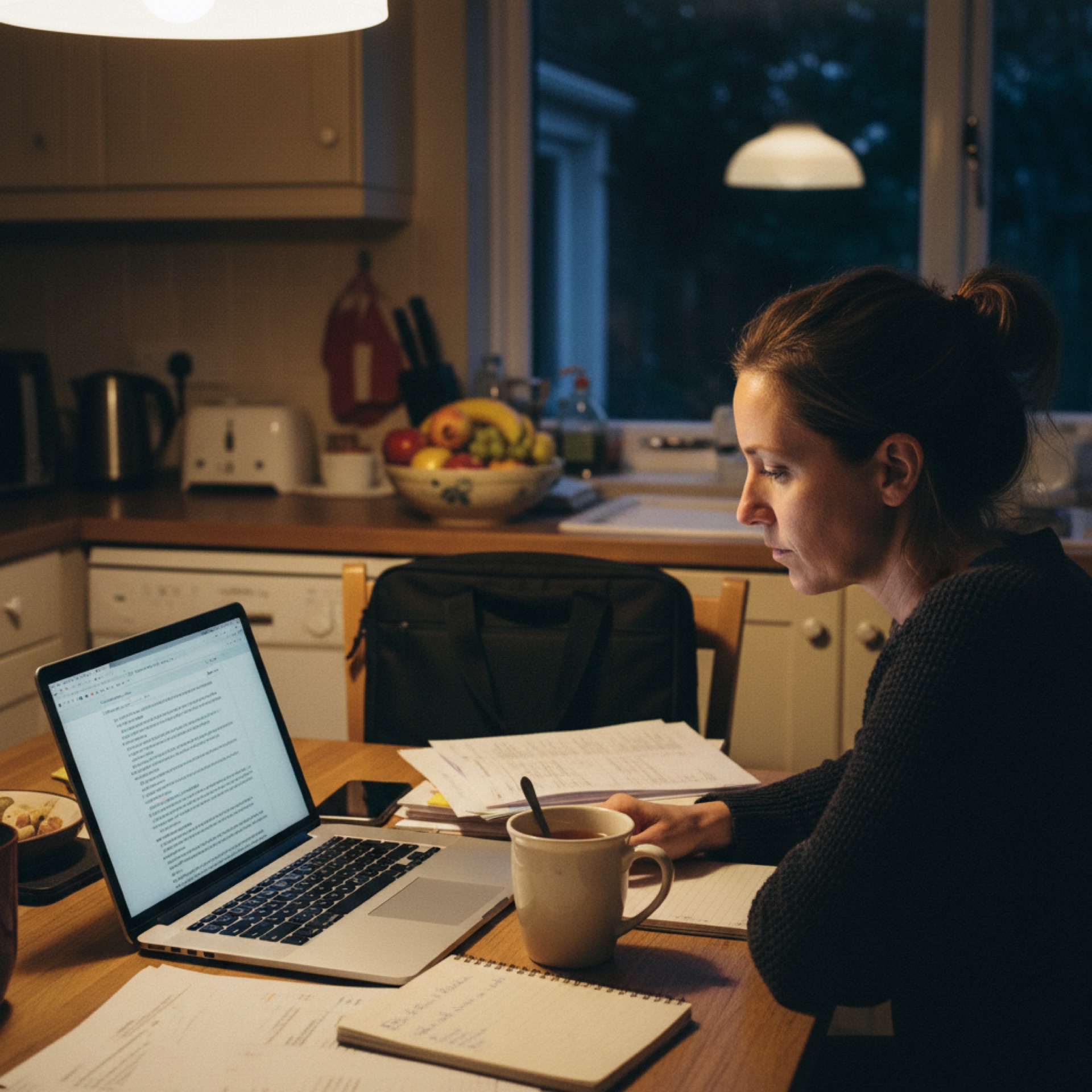 A founder at her kitchen table on a Sunday evening with a laptop and a notebook, summarising a long document by lamplight
