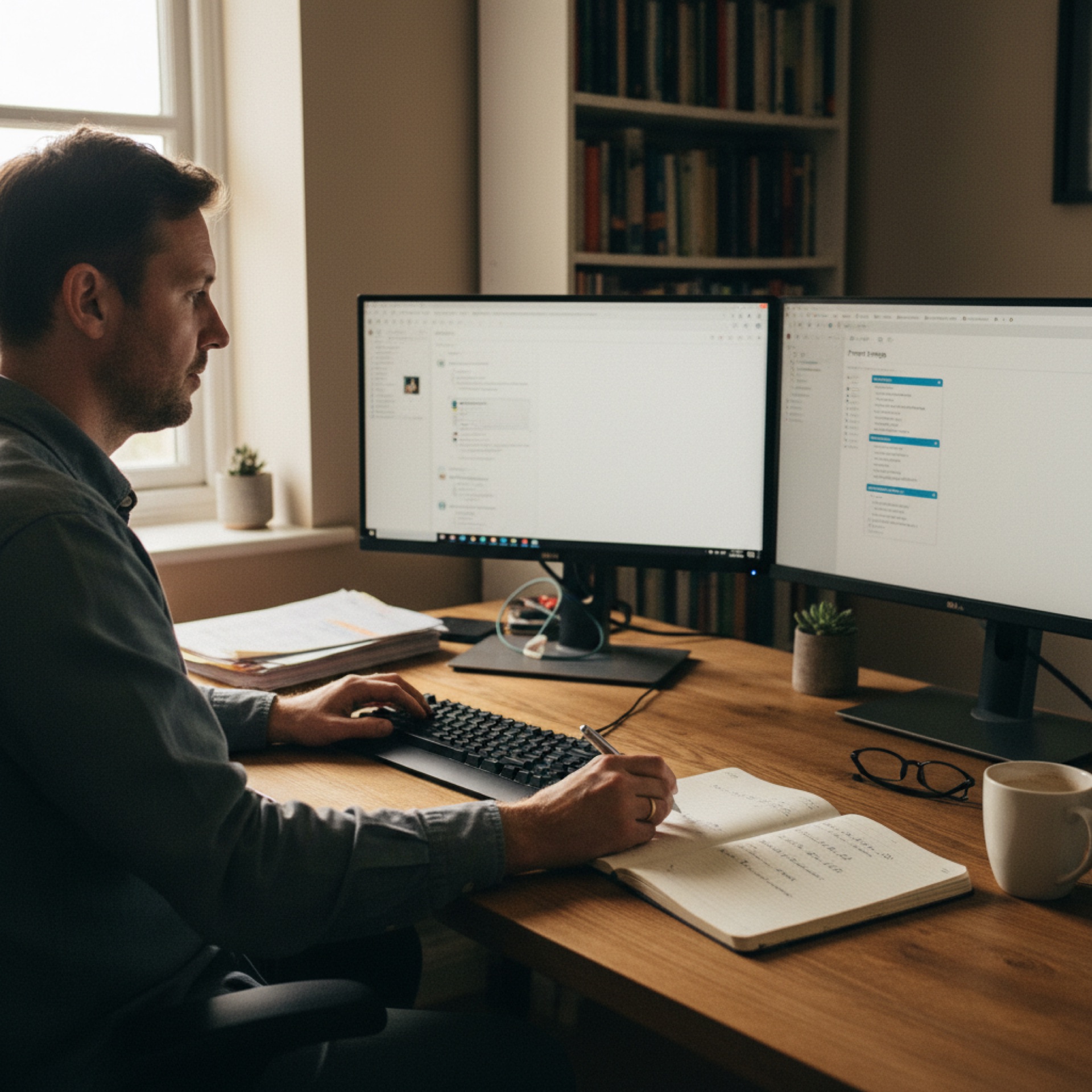 A founder at a wooden home-study desk on a Monday morning with two screens, a paper notebook of priorities, and a coffee, working through his week's intake