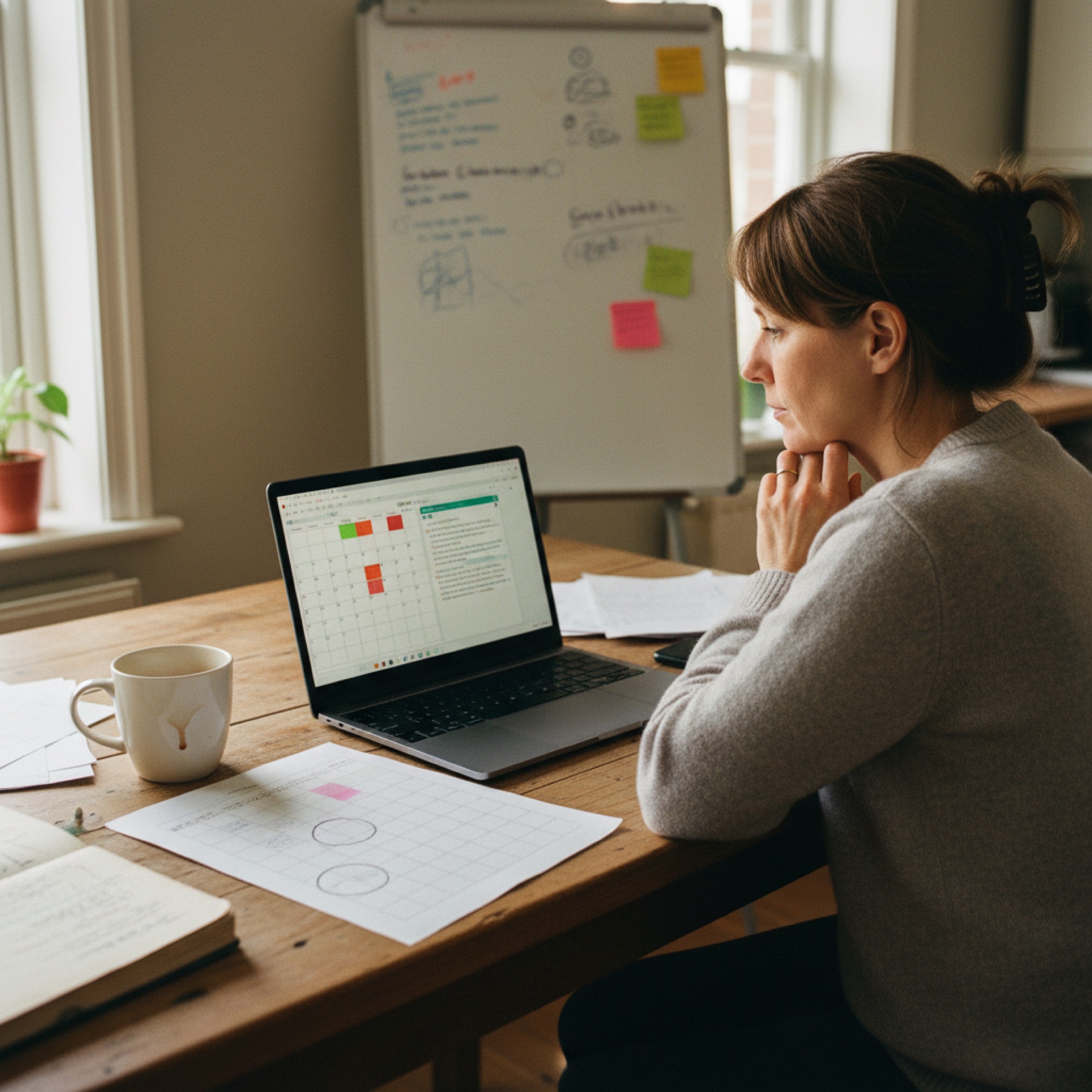 A founder at a kitchen table with a laptop showing a calendar grid and a chat window, a printed calendar page with three clusters circled, and a mug of tea
