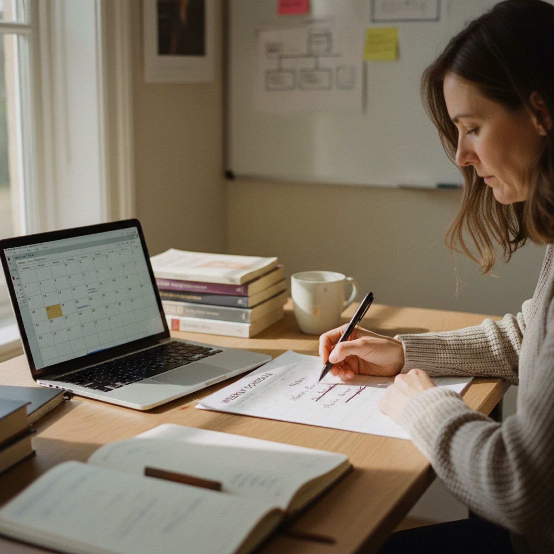 A woman sitting at a wooden desk crossing items off a printed calendar with a pen, laptop open beside her