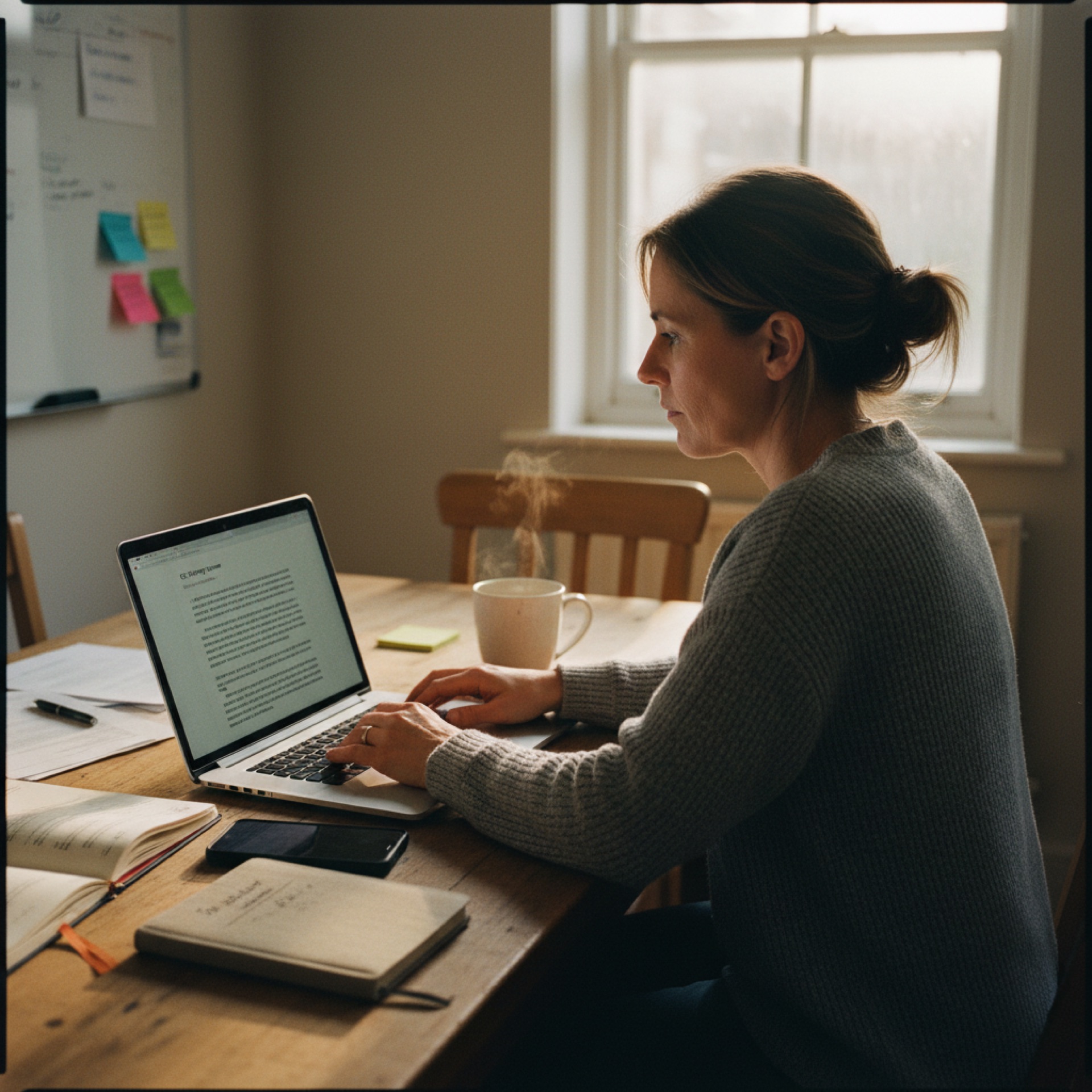 A founder at a kitchen table glancing at a one-page brief on her laptop with a mug of tea beside her