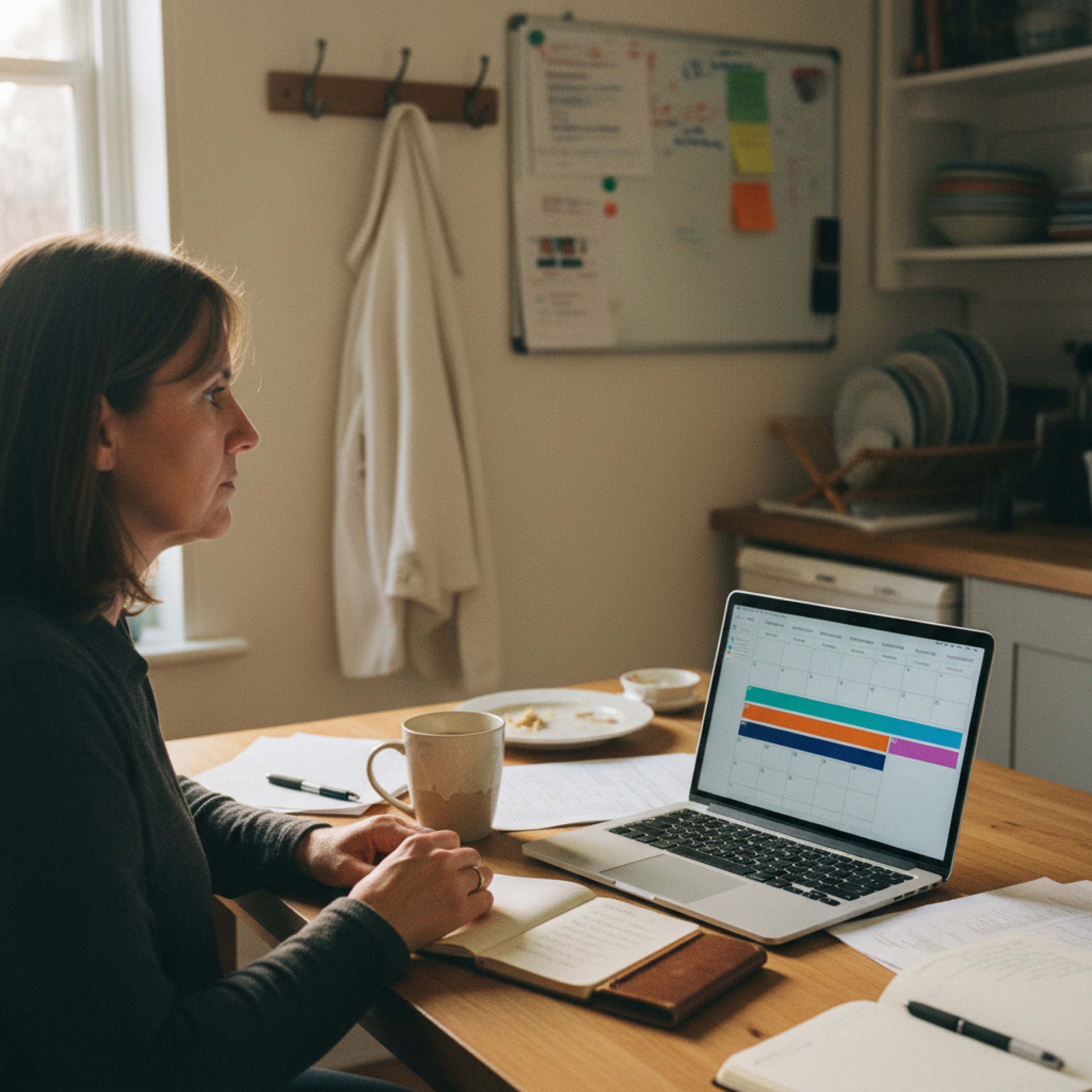 A founder at a kitchen table on a Monday morning with a coffee, a notebook of three handwritten priorities, and a laptop showing a calendar with three time blocks placed across the week