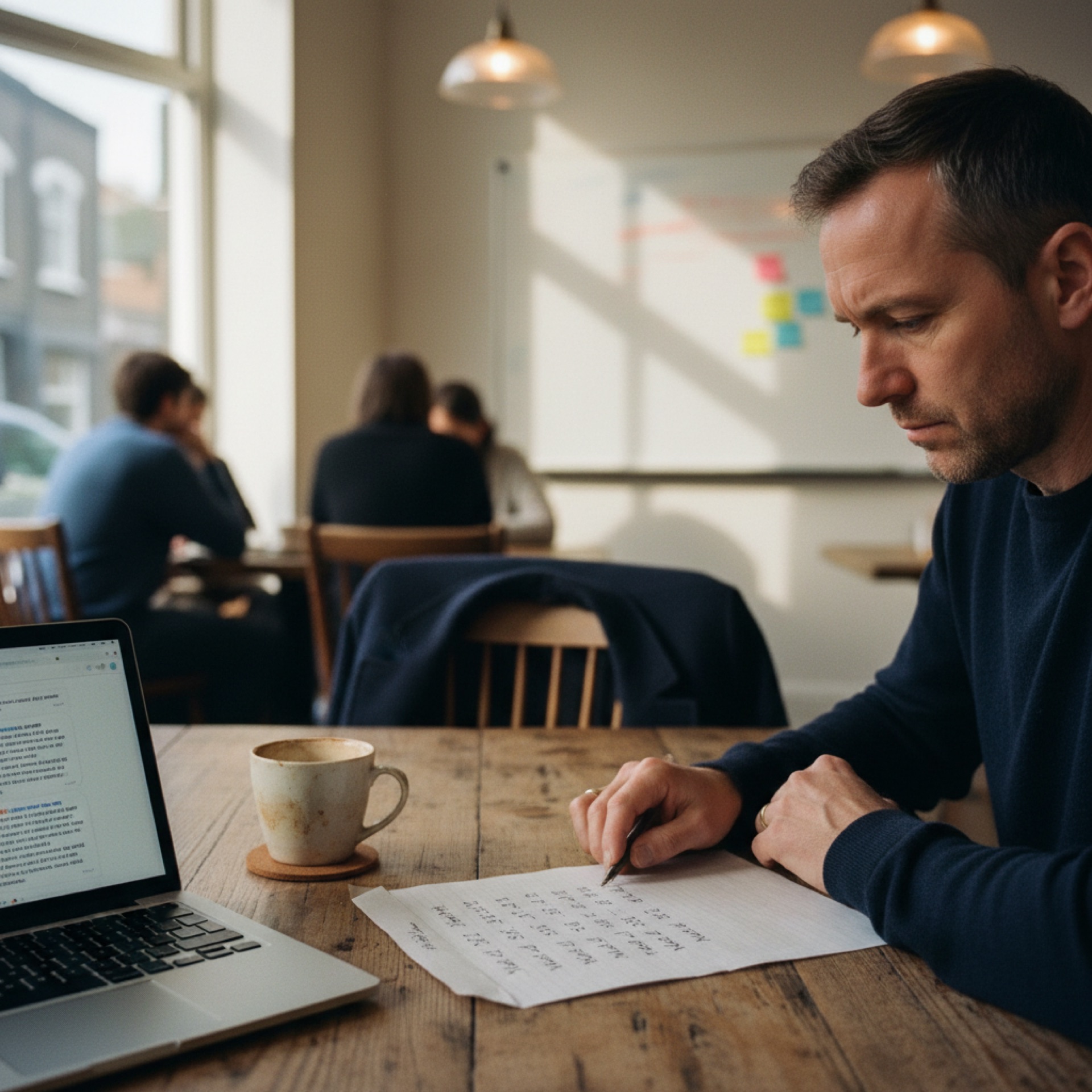 A founder at a coffee shop table reading a chat window on a laptop, with a hand-written sheet of weekly metrics beside it and a ceramic mug of coffee