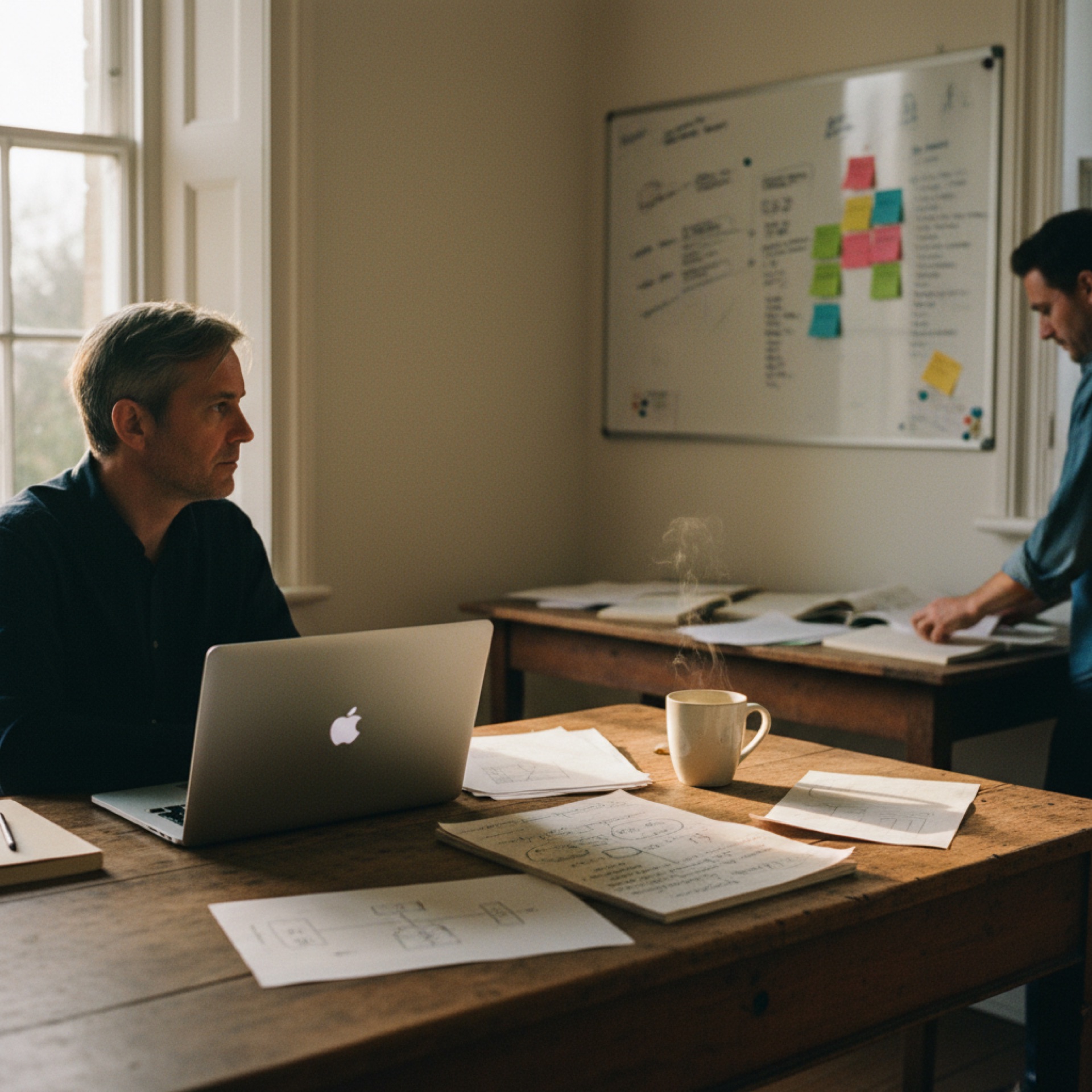 A founder working at a wooden desk on a Monday morning with a laptop, notebook, and coffee.