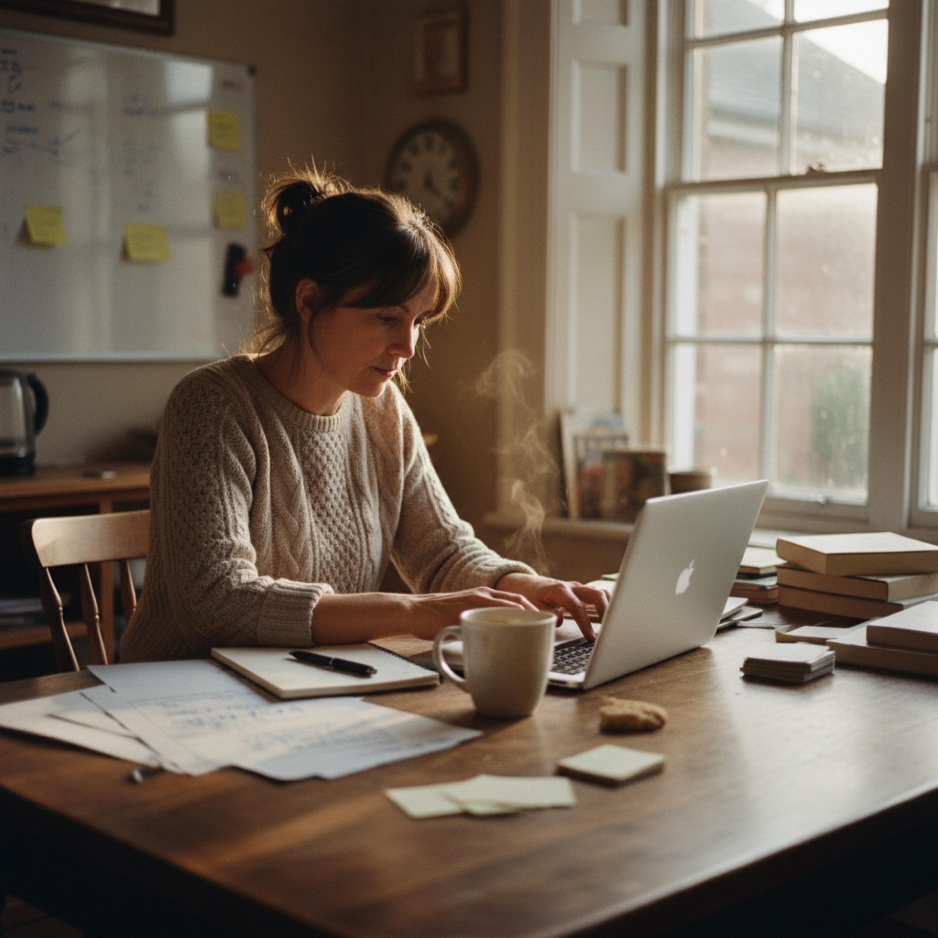 A founder at a kitchen table writing notes on lined paper next to an open laptop, mug of tea beside her.