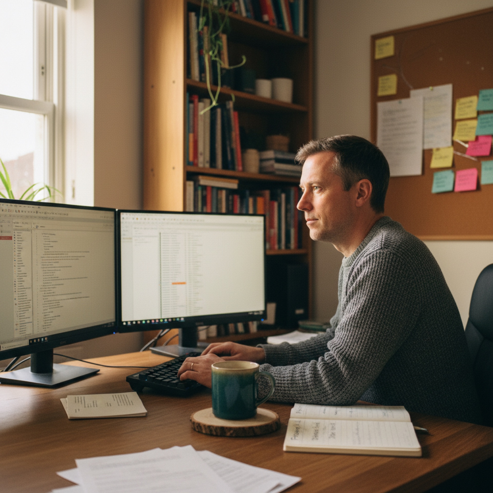 A founder at a wooden home-study desk with two screens, a paper notebook with three labels written down the side, and a coffee, working on a deliberate AI stack