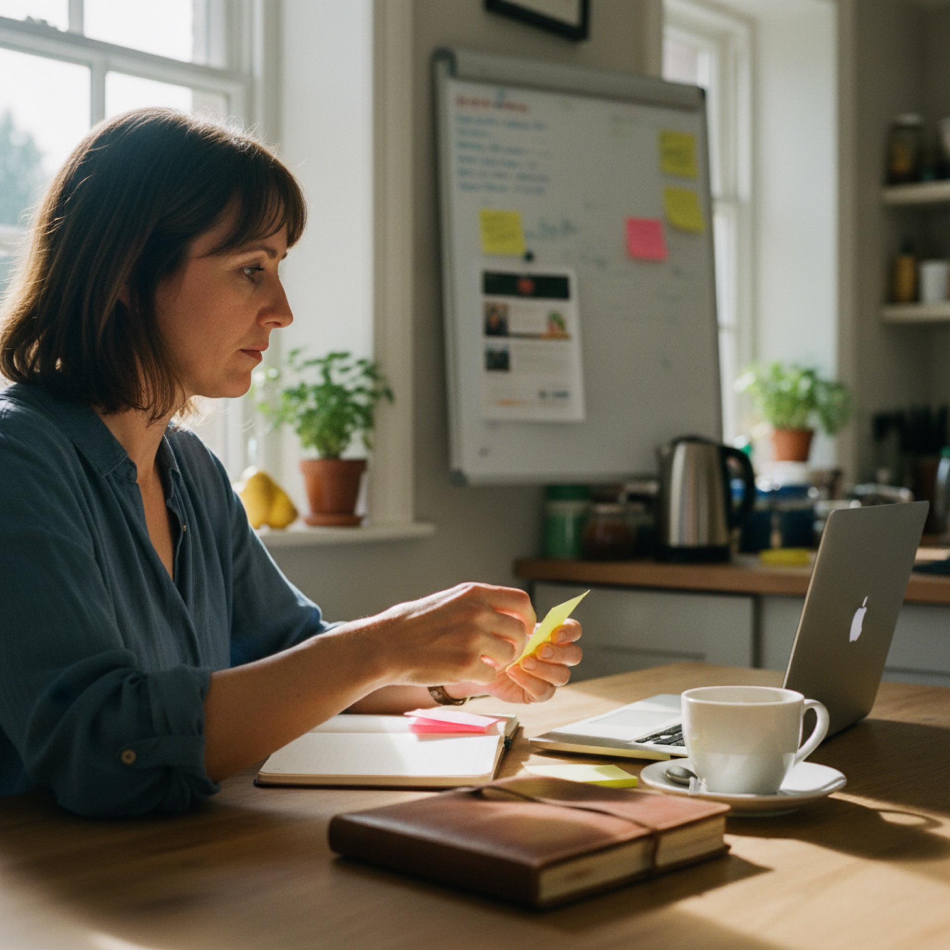 A woman at a kitchen table sorting through post-it notes next to an open notebook and a laptop