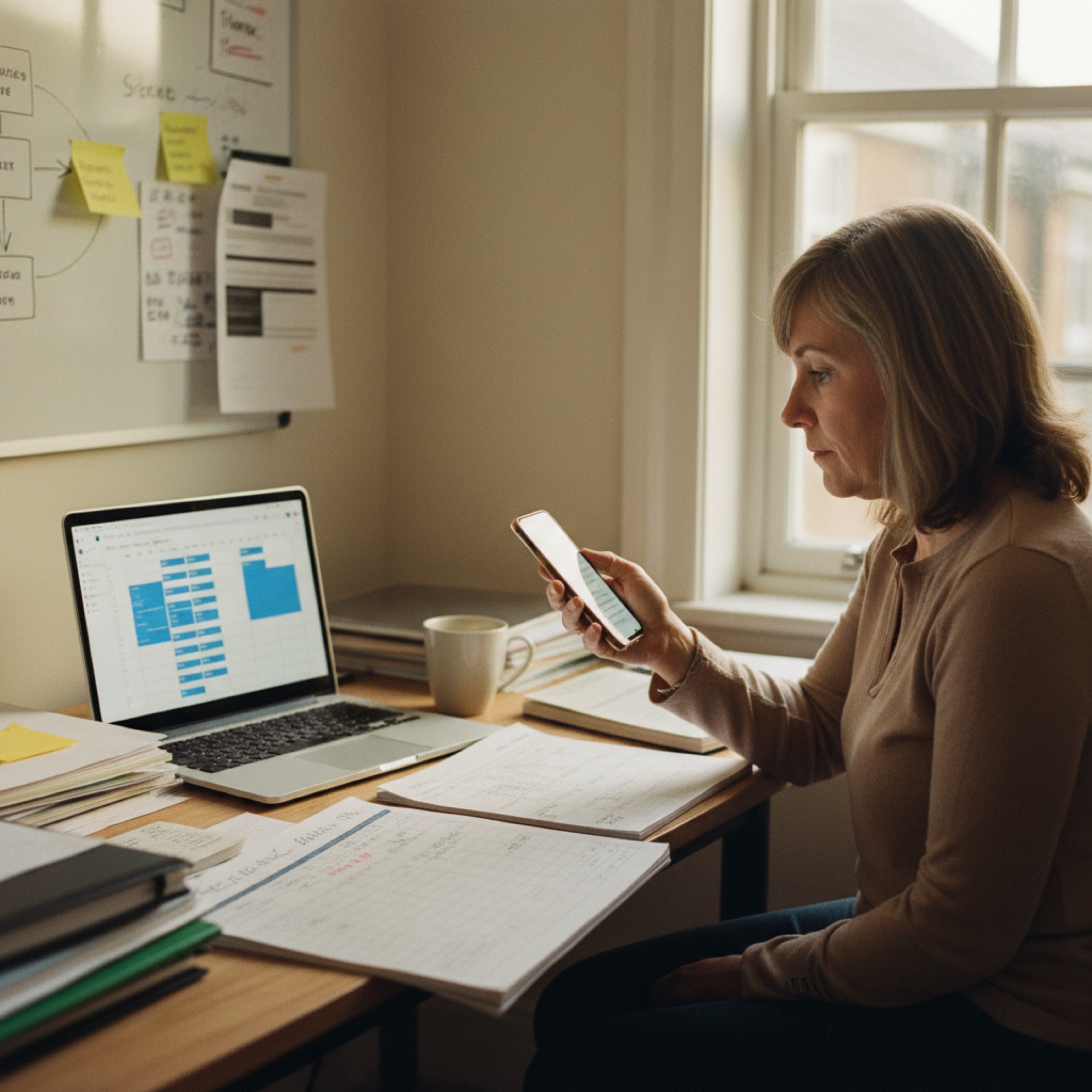 A founder at a home study desk reading a phone message while her laptop calendar shows several auto-scheduled meetings, a printed weekly plan and coffee cup beside her