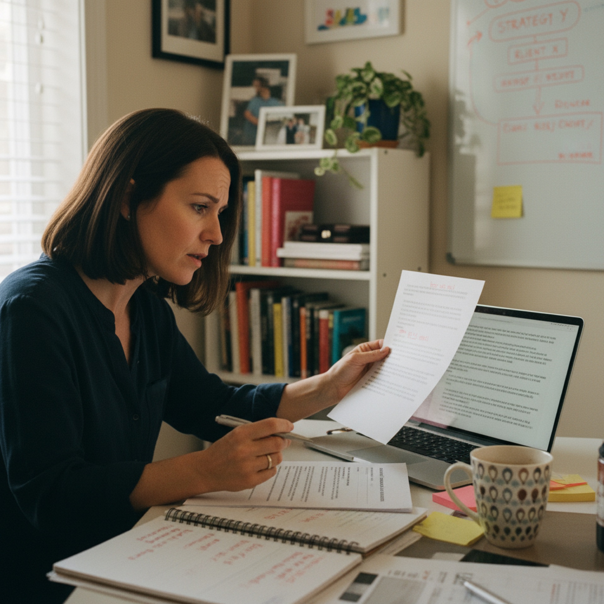 A founder at a home office desk reading a printed AI-drafted email aloud, pen in hand, with a laptop open beside her showing the same draft