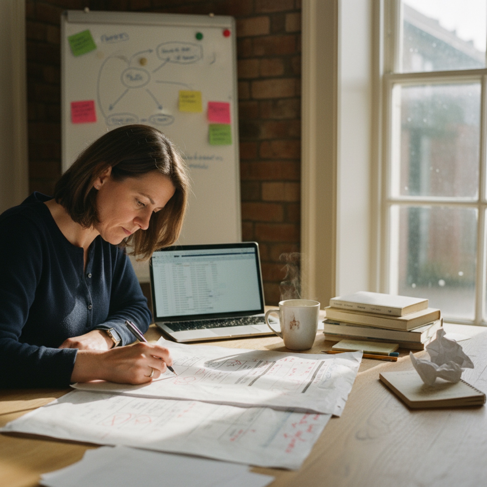 A founder at a kitchen table marking up a printed page by hand, an open laptop pushed to one side, mug of tea beside the paper.