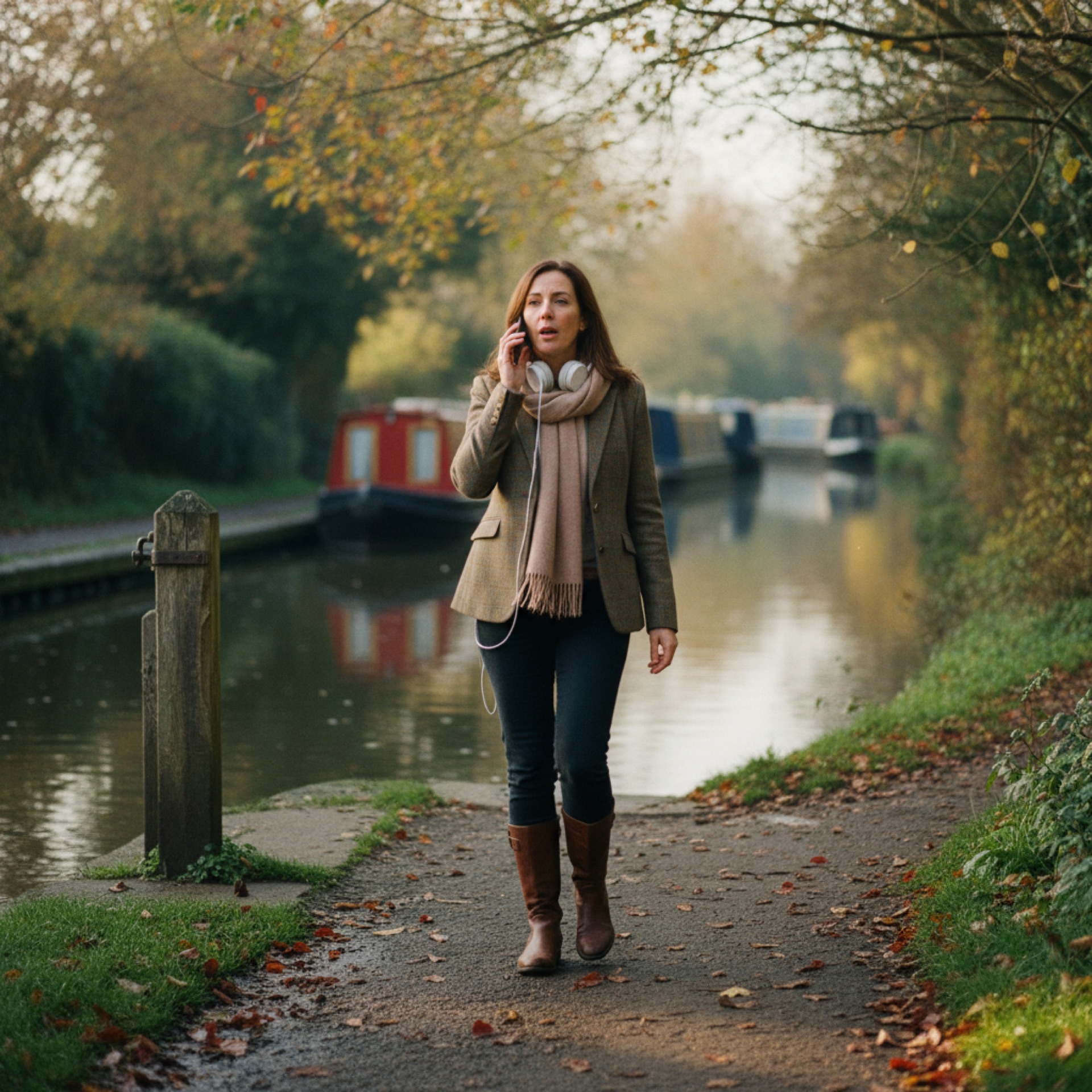 A woman in her late 40s walking along a canal towpath on a crisp morning, holding her phone near her face as she dictates, looking forward rather than down