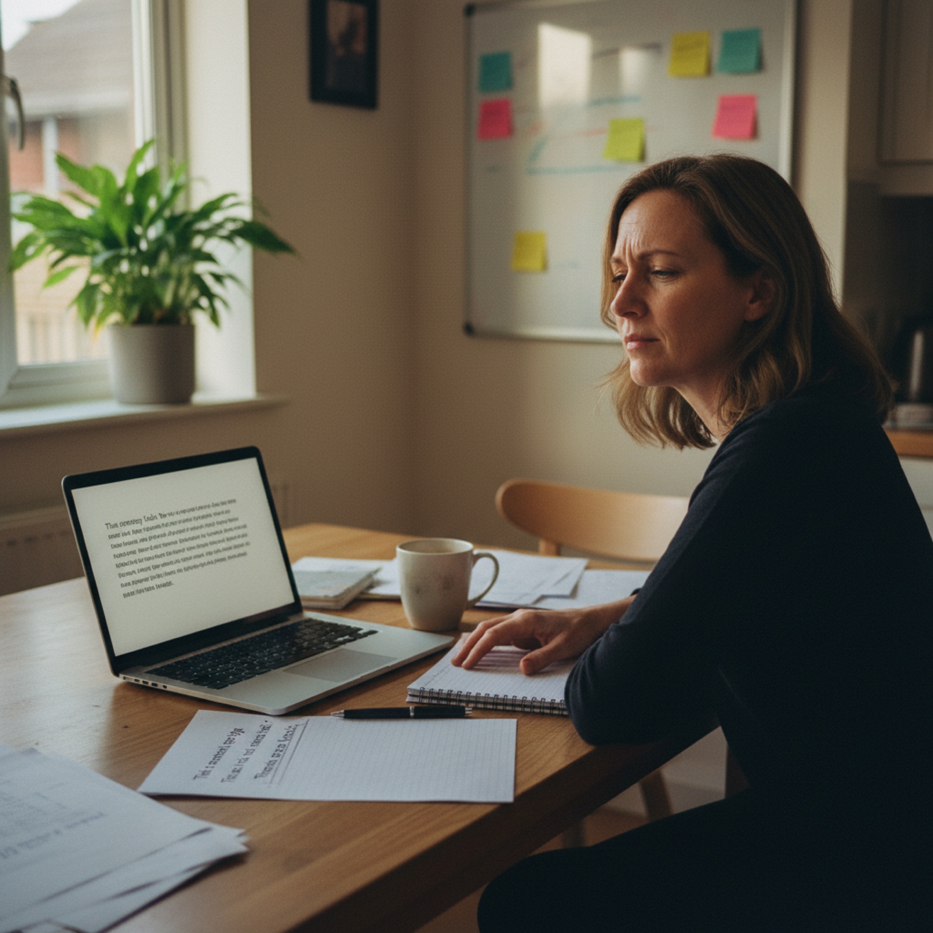 A founder at a kitchen table reading a long block of text on a laptop, with notes and a coffee mug beside her, in mid-morning light