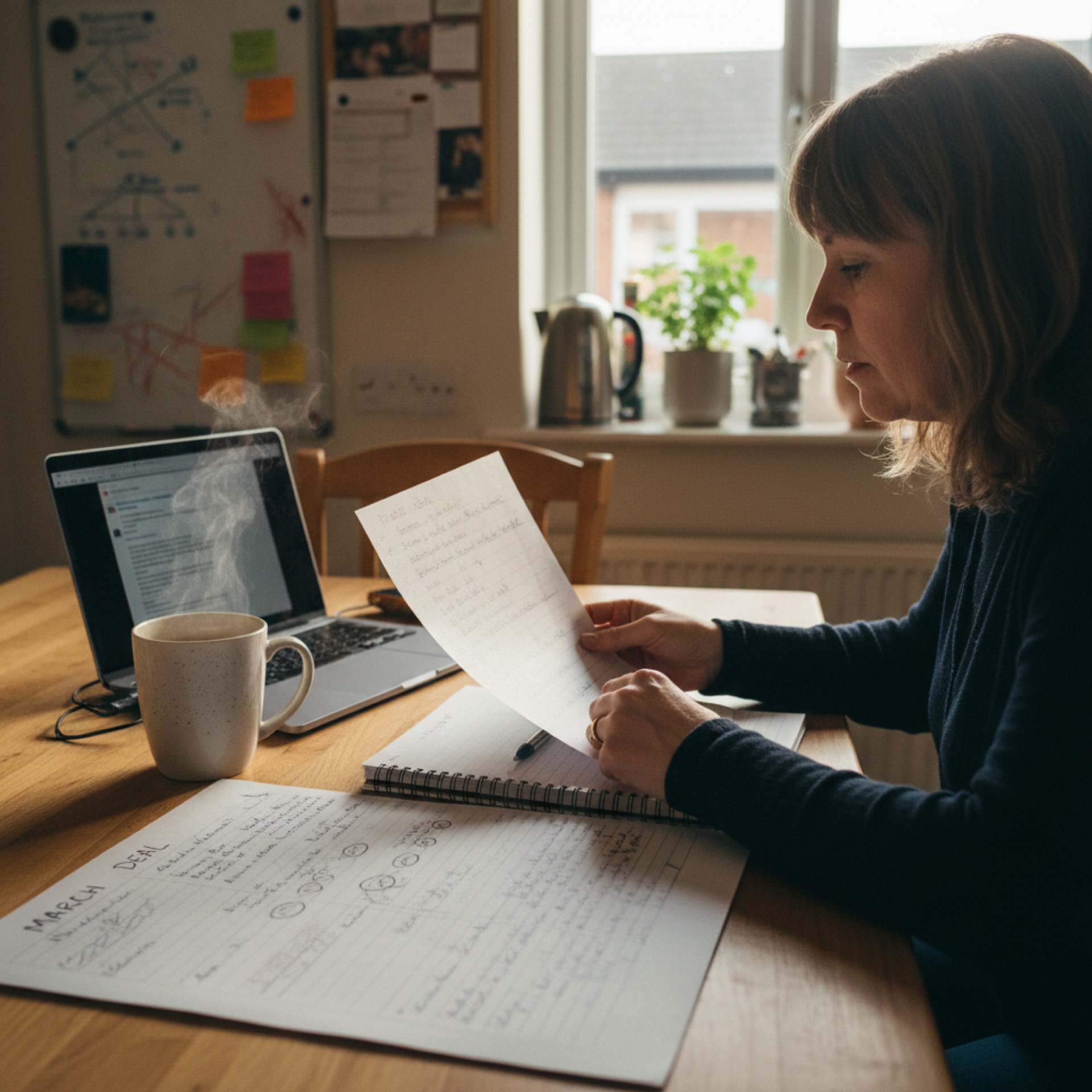 An owner at a kitchen table on a weekend morning with a handwritten timeline, an open notebook, a laptop showing a chat window, and a mug of tea
