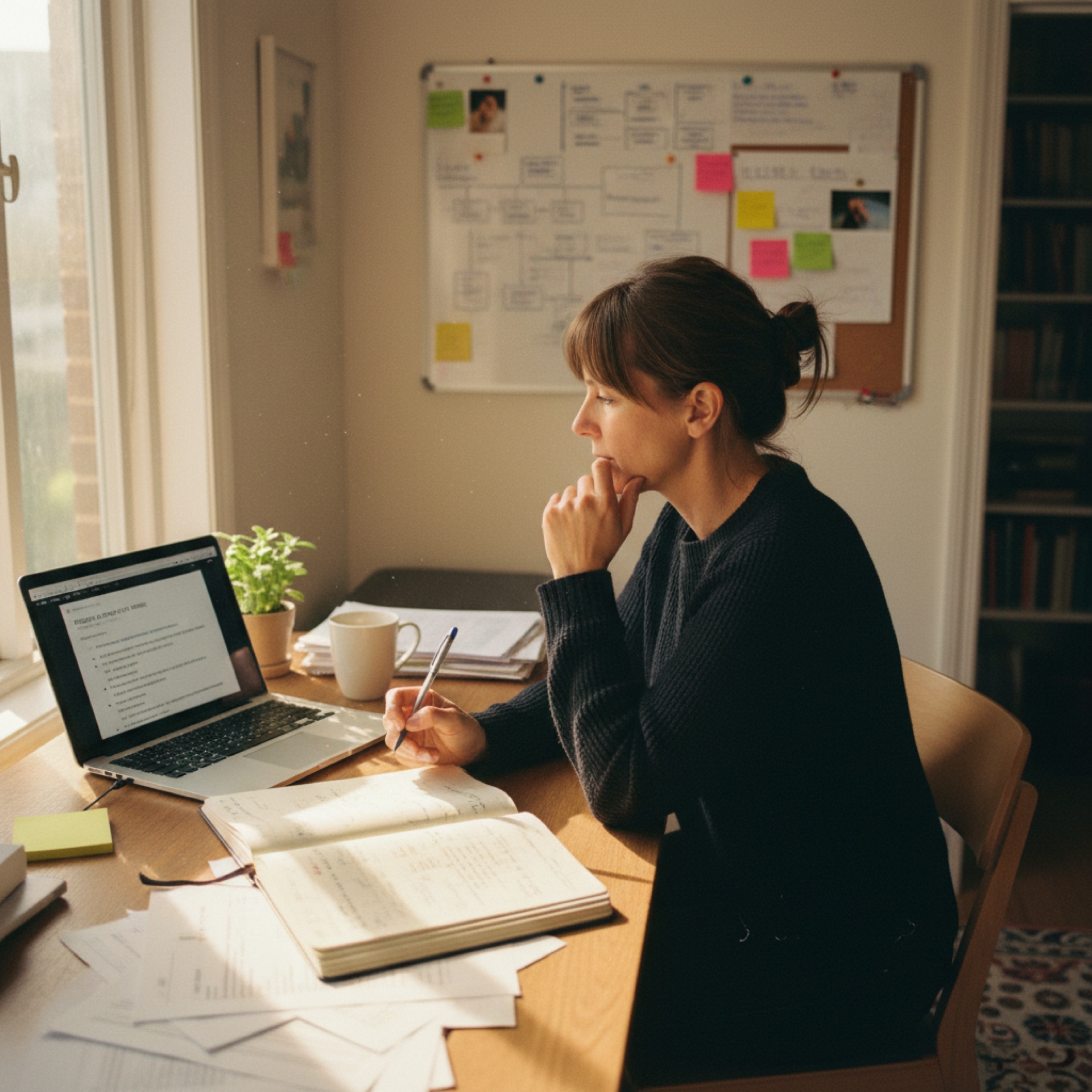 A founder at a home office desk pausing over a laptop with a draft proposal open and a notebook beside it