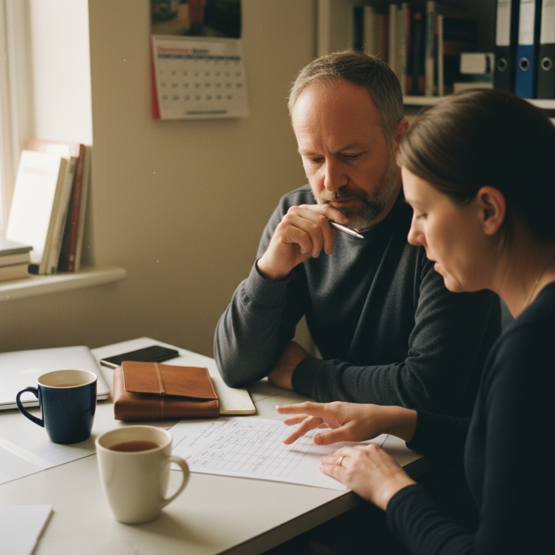 An owner-manager and an operations lead sitting at an office table with a single printed sheet of A4 between them, two mugs of tea, a closed laptop to one side, a wall calendar in the background