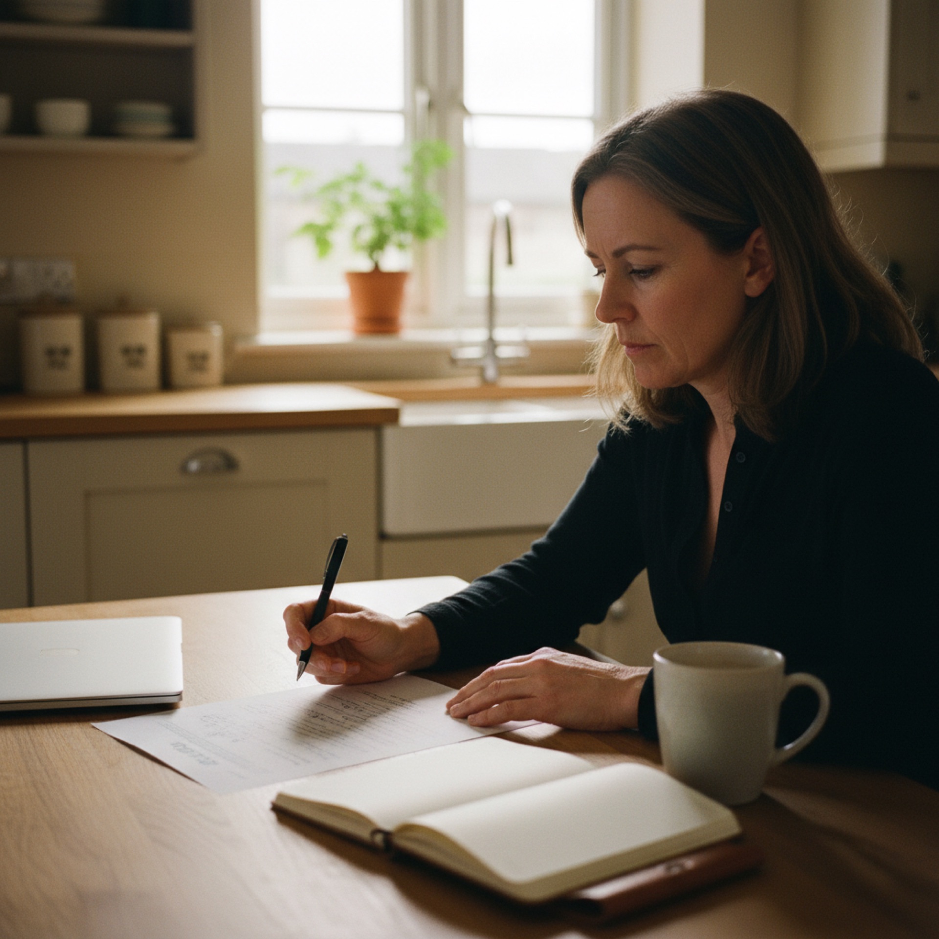 An owner at her kitchen table on a Saturday morning, writing on a printed A4 sheet with a black pen, a closed laptop pushed to one side and a mug of coffee within reach