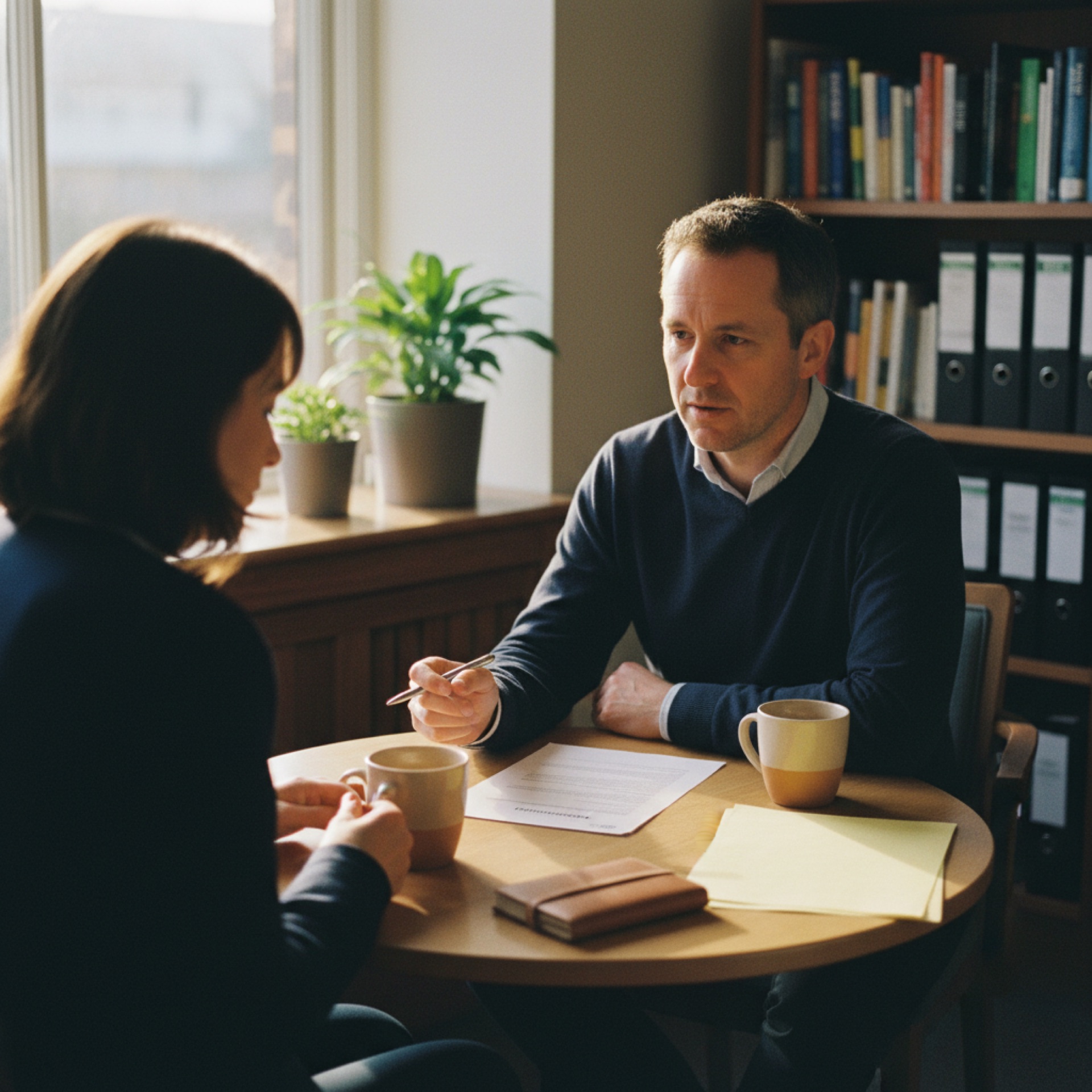 A services-firm owner and a client talking across a small table with coffee, an engagement letter and a proposal between them