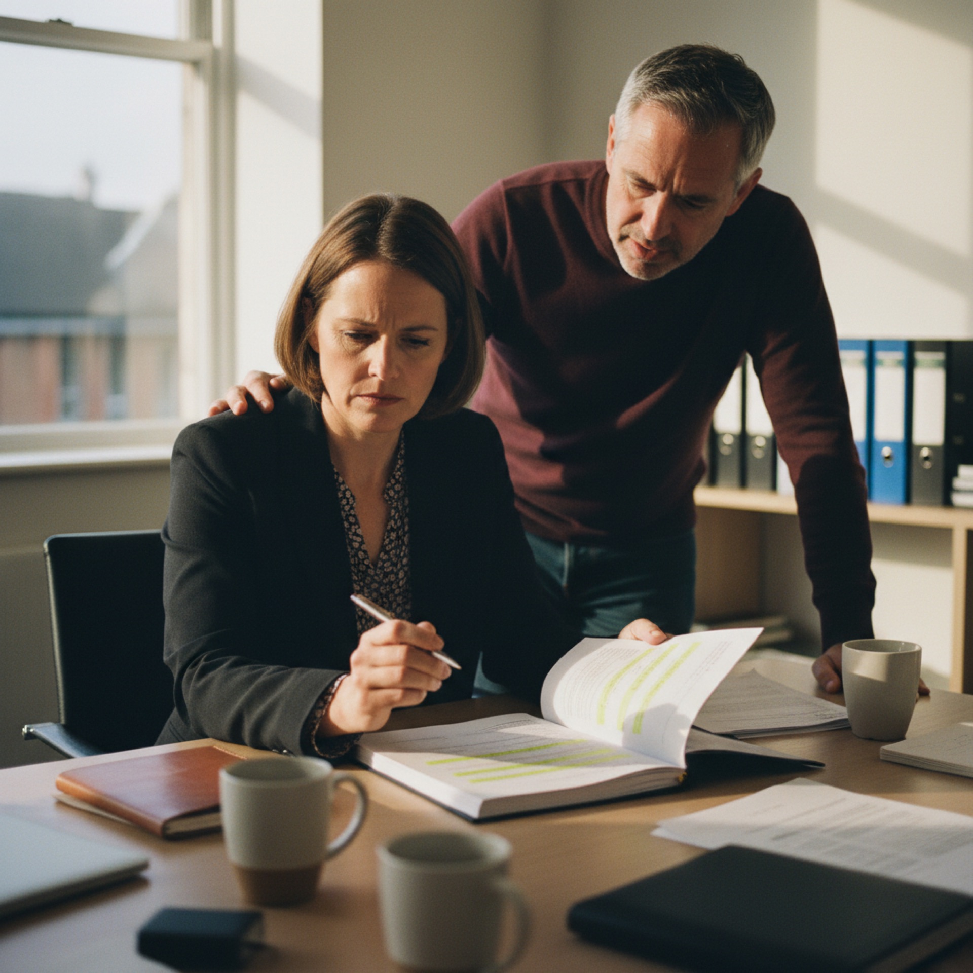 A business owner and a colleague checking a printed AI-generated report at a boardroom table.